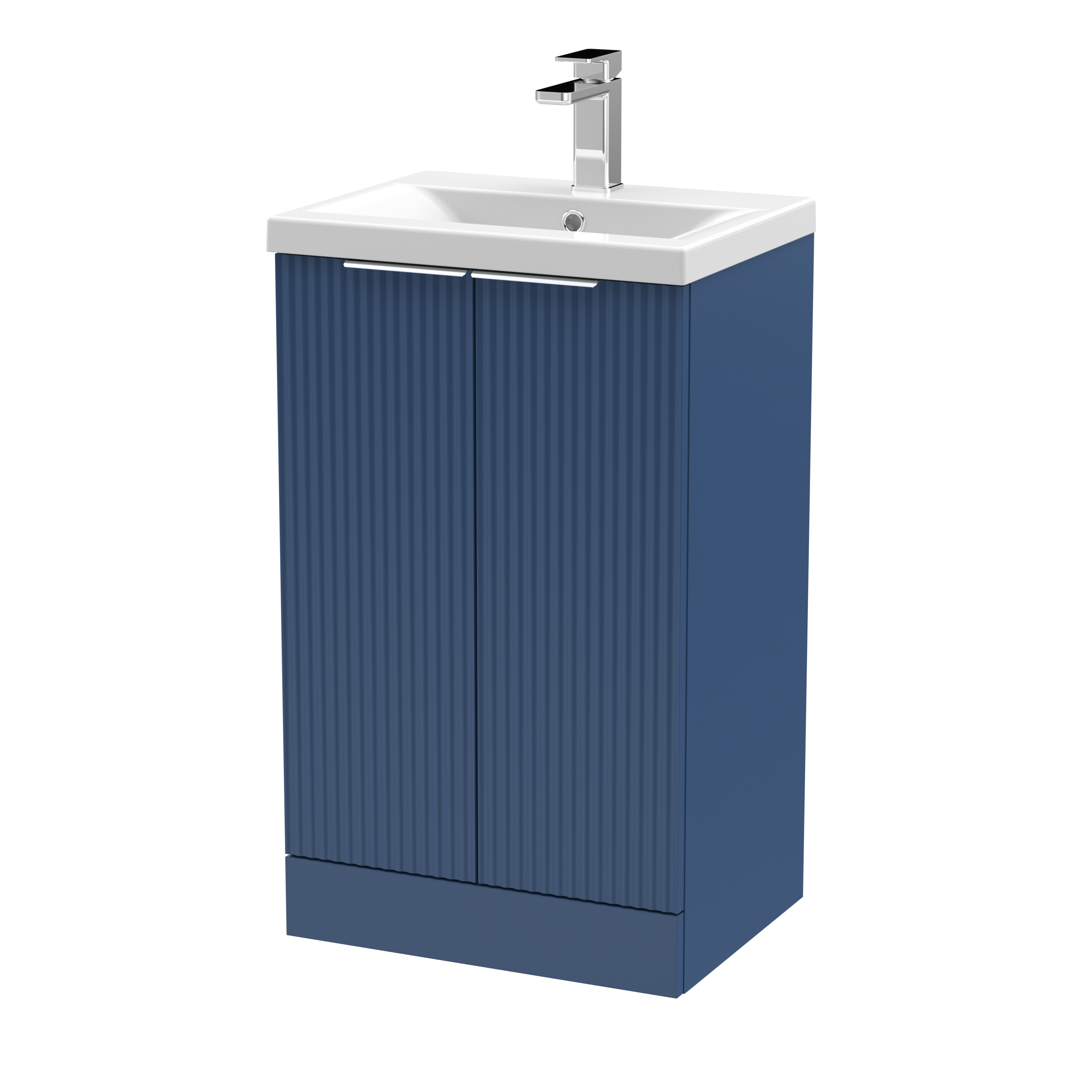 Hudson Reed Fluted Satin Blue 500mm Floor Standing 2 Door Vanity Unit and Mid Edge Ceramic Basin DFF323A