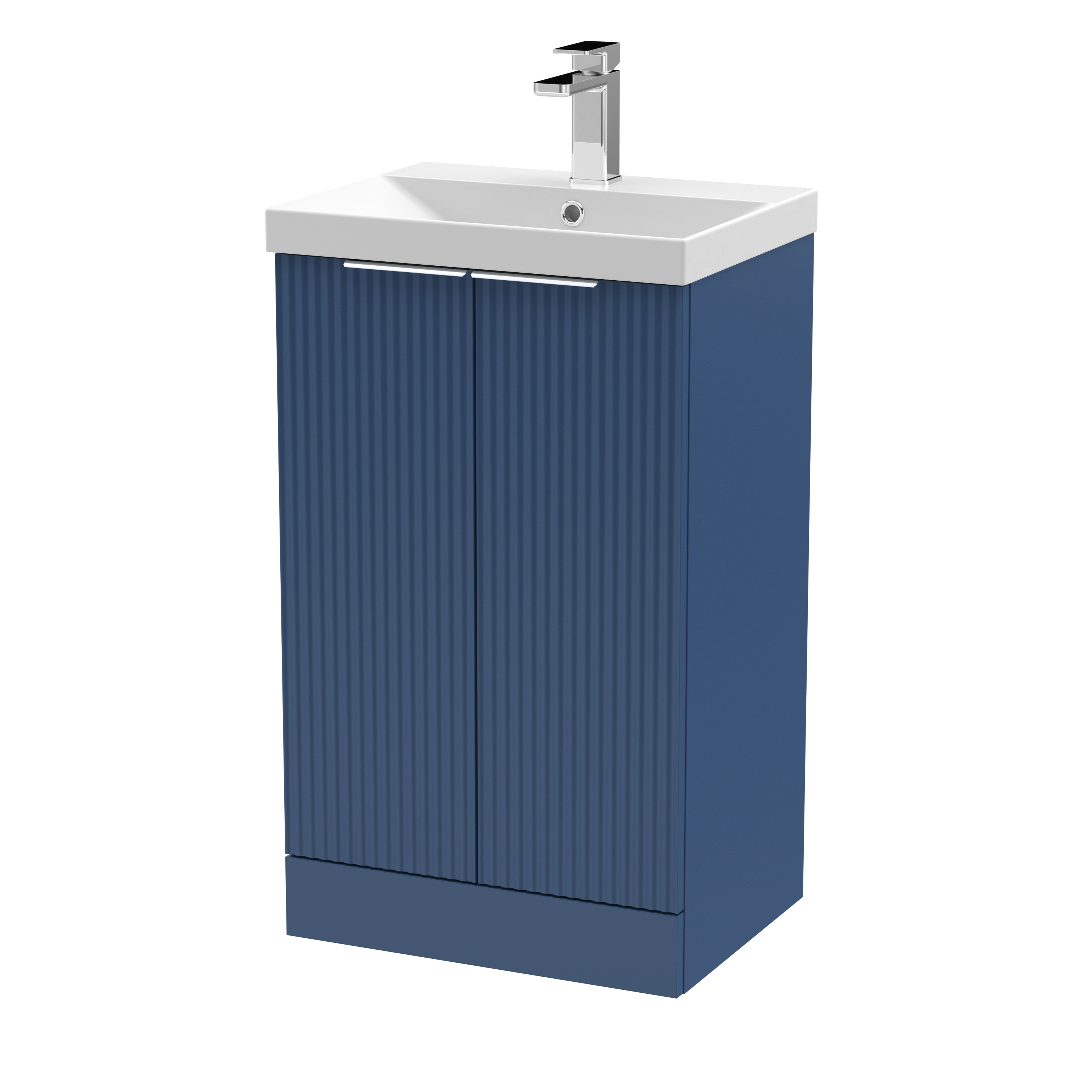 Hudson Reed Fluted Satin Blue 500mm Floor Standing 2 Door Vanity Unit and Thin Edge Basin DFF323D