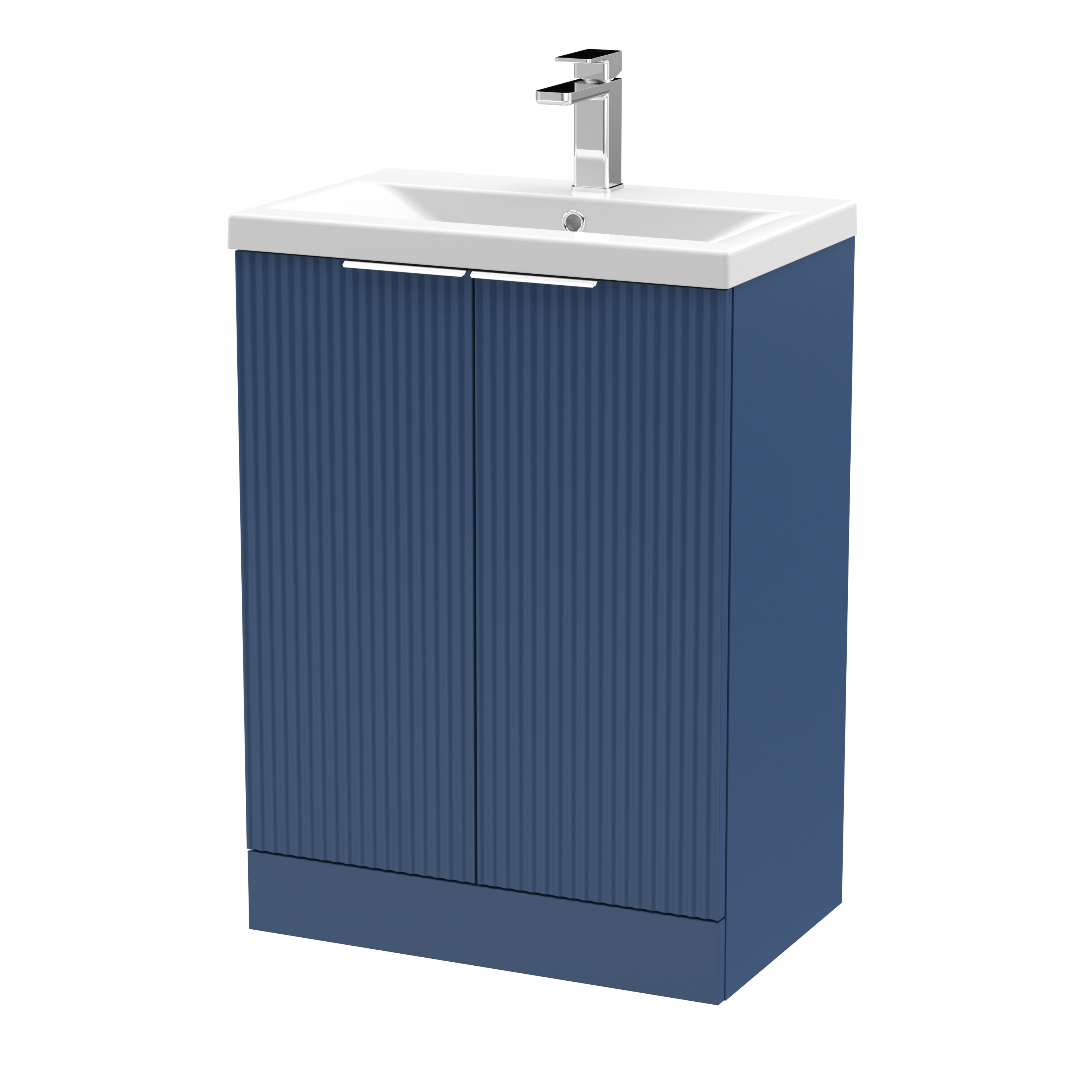 Hudson Reed Fluted Satin Blue 600mm Floor Standing 2 Door Vanity Unit and Mid Edge Ceramic Basin DFF325A