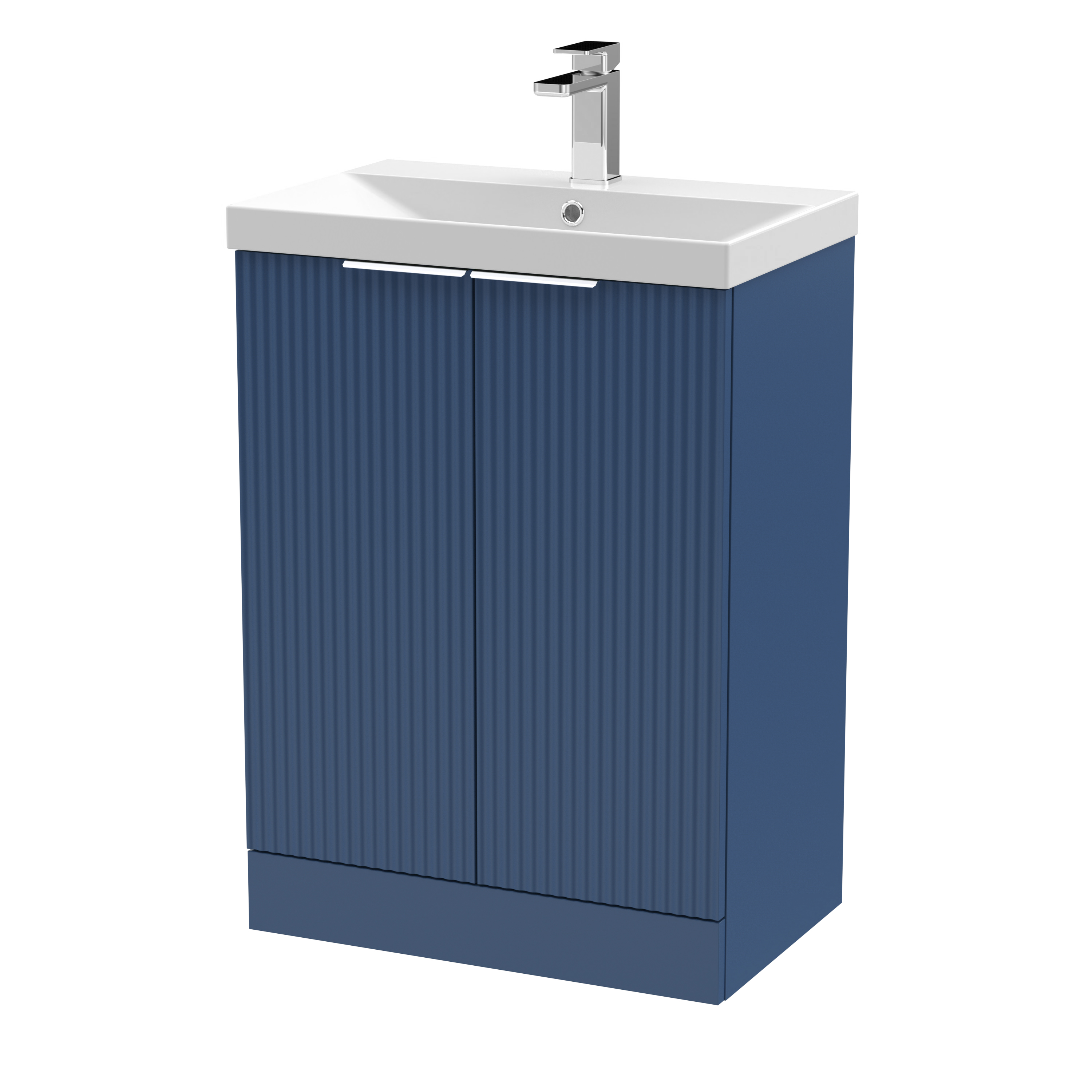 Hudson Reed Fluted Satin Blue 600mm Floor Standing 2 Door Vanity Unit and Thin Edge Basin DFF325D