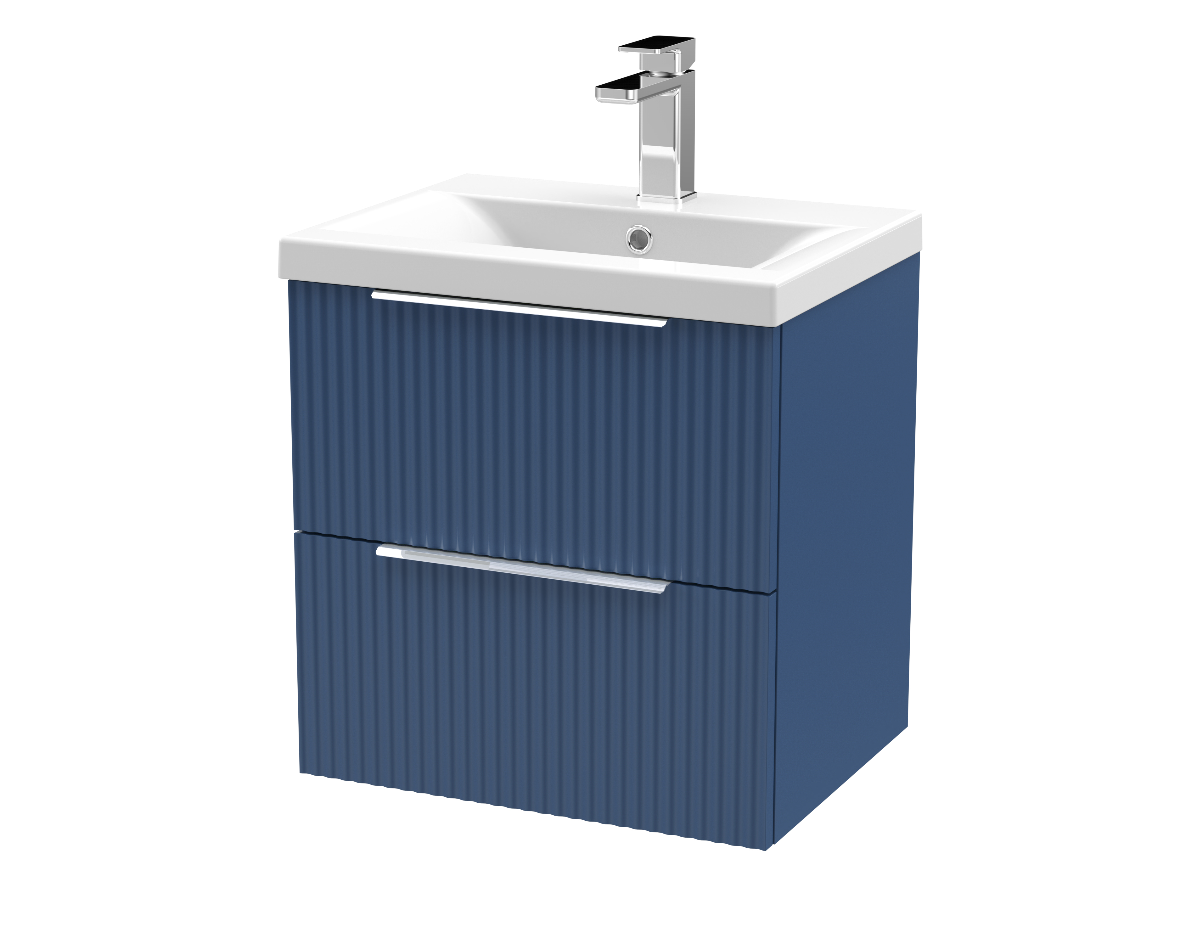 Hudson Reed Fluted Satin Blue 500mm Wall Hung 2 Drawer Vanity Unit and Mid Edge Ceramic Basin DFF392A