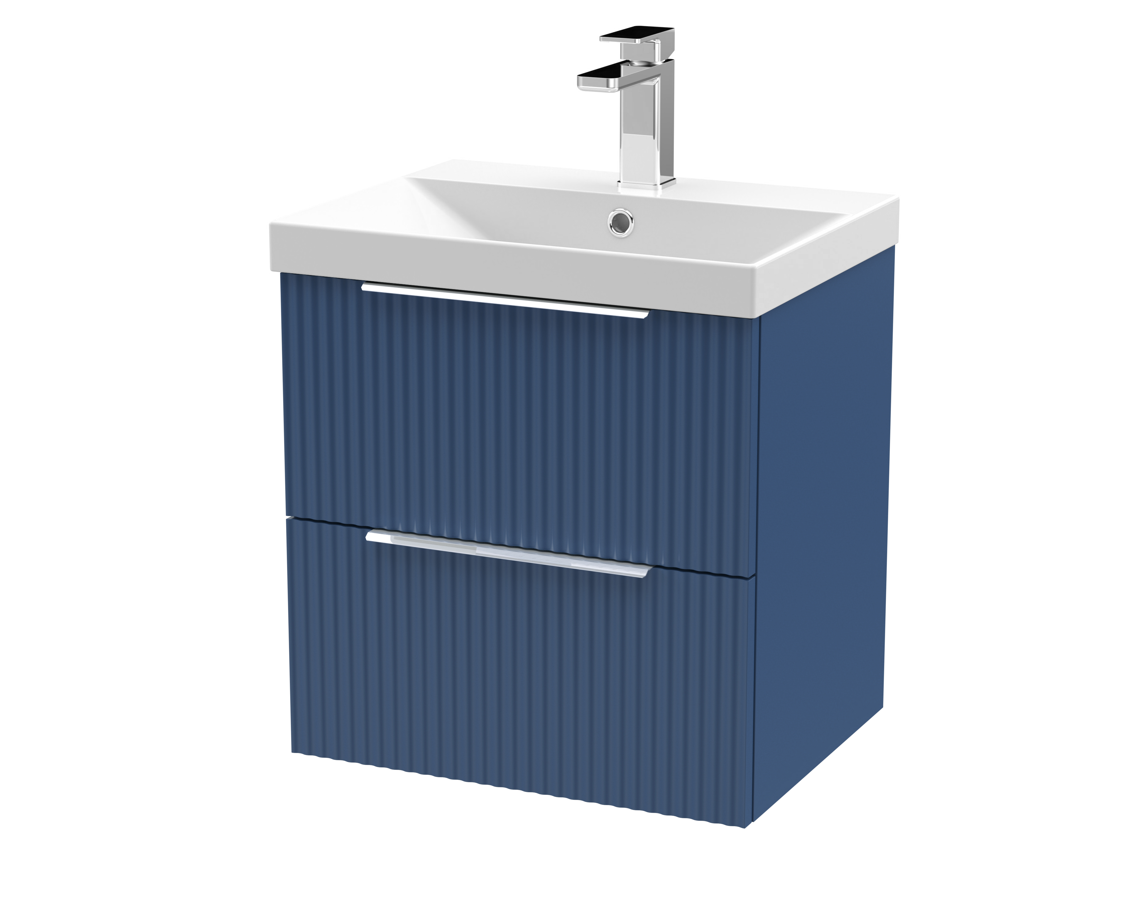 Hudson Reed Fluted Satin Blue 500mm Wall Hung 2 Drawer Vanity Unit and Thin Edge Basin DFF392D