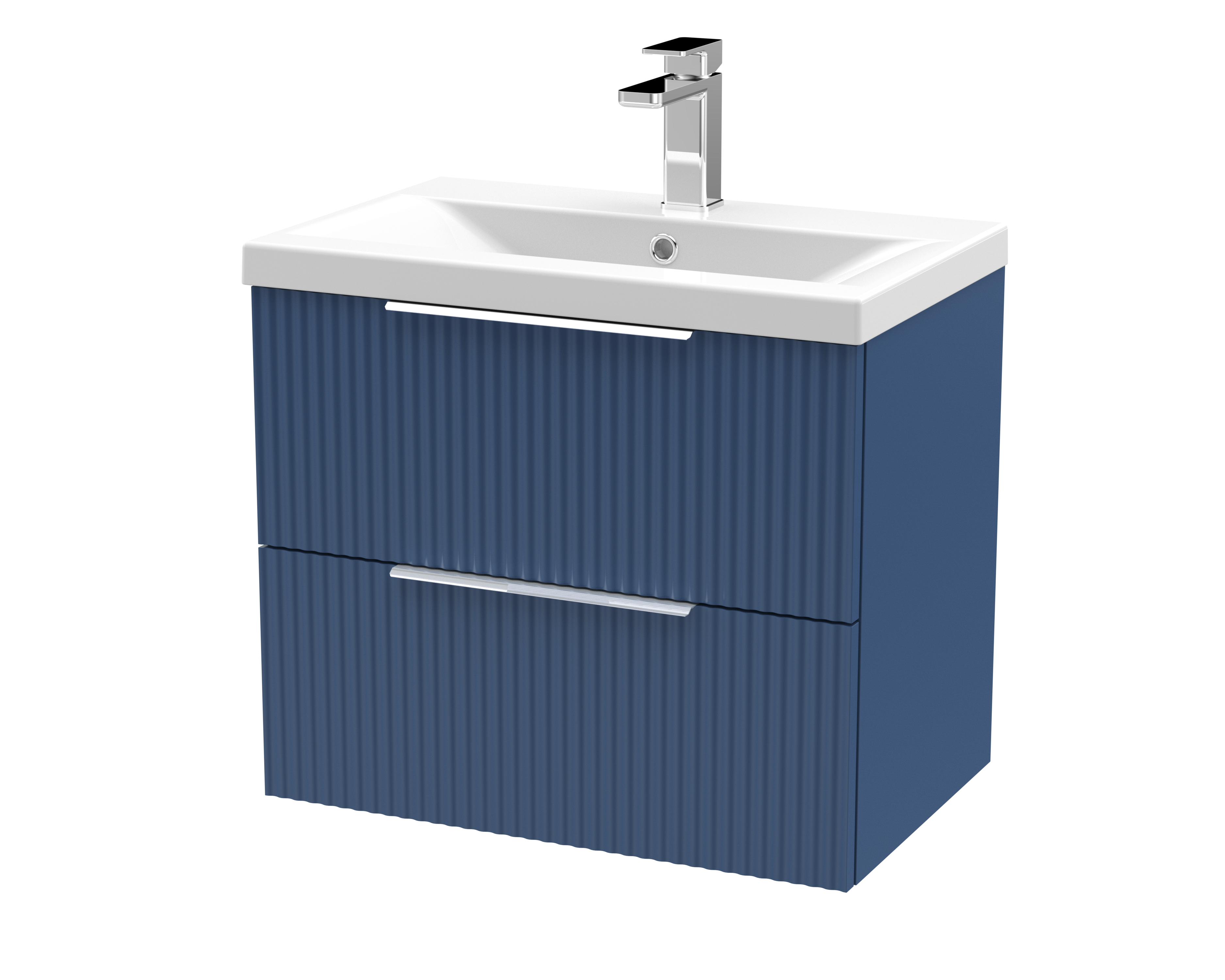 Hudson Reed Fluted Satin Blue 600mm Wall Hung 2 Drawer Vanity Unit and Mid Edge Ceramic Basin DFF393A