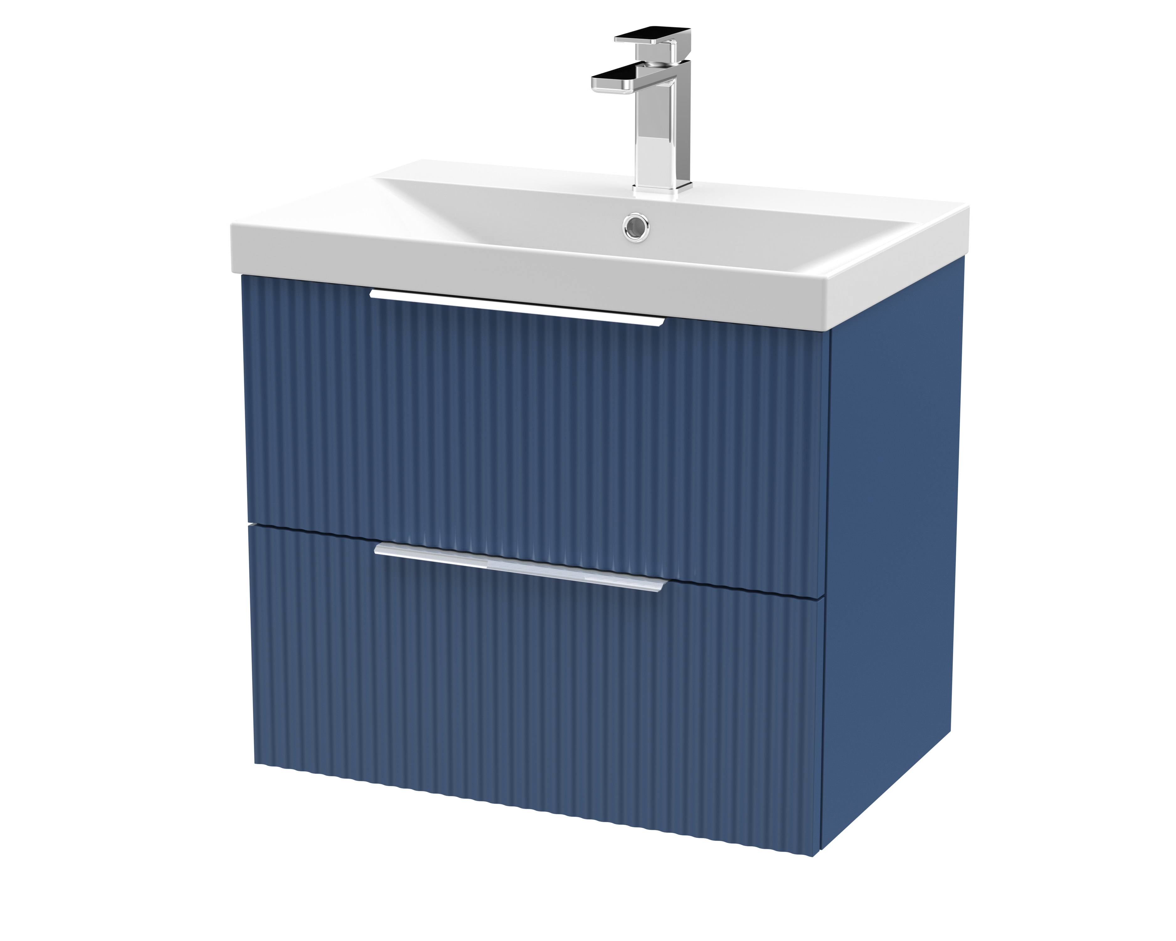 Hudson Reed Fluted Satin Blue 600mm Wall Hung 2 Drawer Vanity Unit and Thin Edge Basin DFF393D