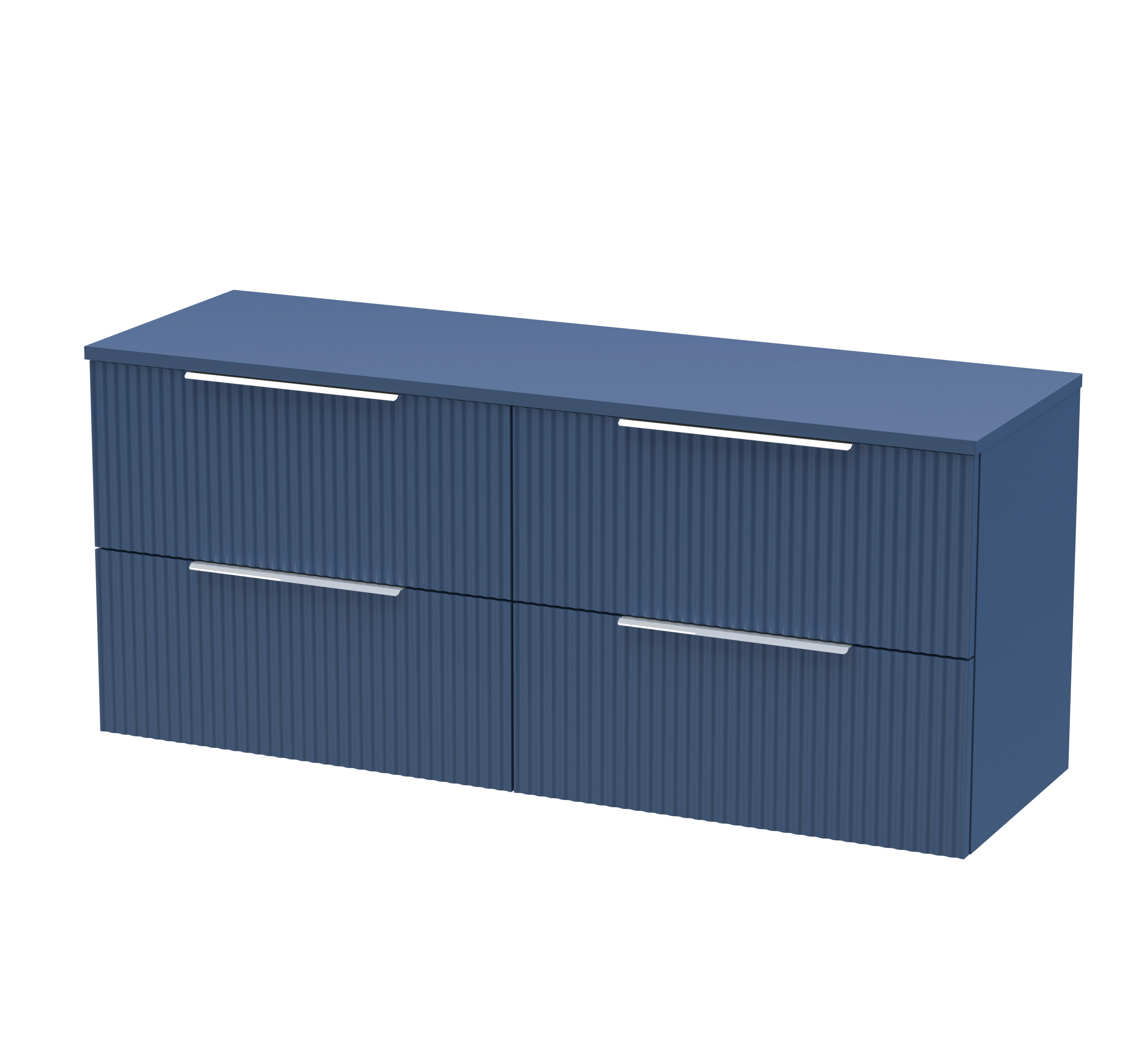 Hudson Reed Fluted Satin Blue 1200mm Wall Hung 4 Drawer Vanity Unit and Worktop DFF393W2