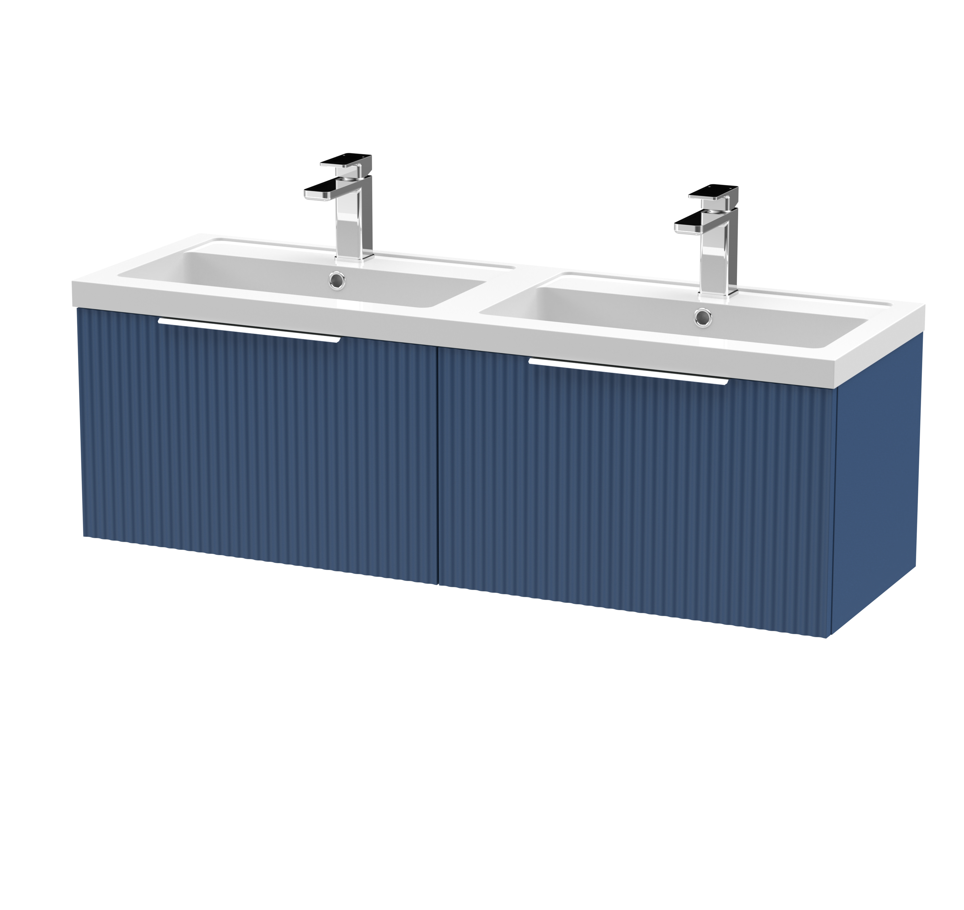 Hudson Reed Fluted Satin Blue 1200mm Wall Hung 2 Drawer Vanity Unit and Double Basin DFF394C