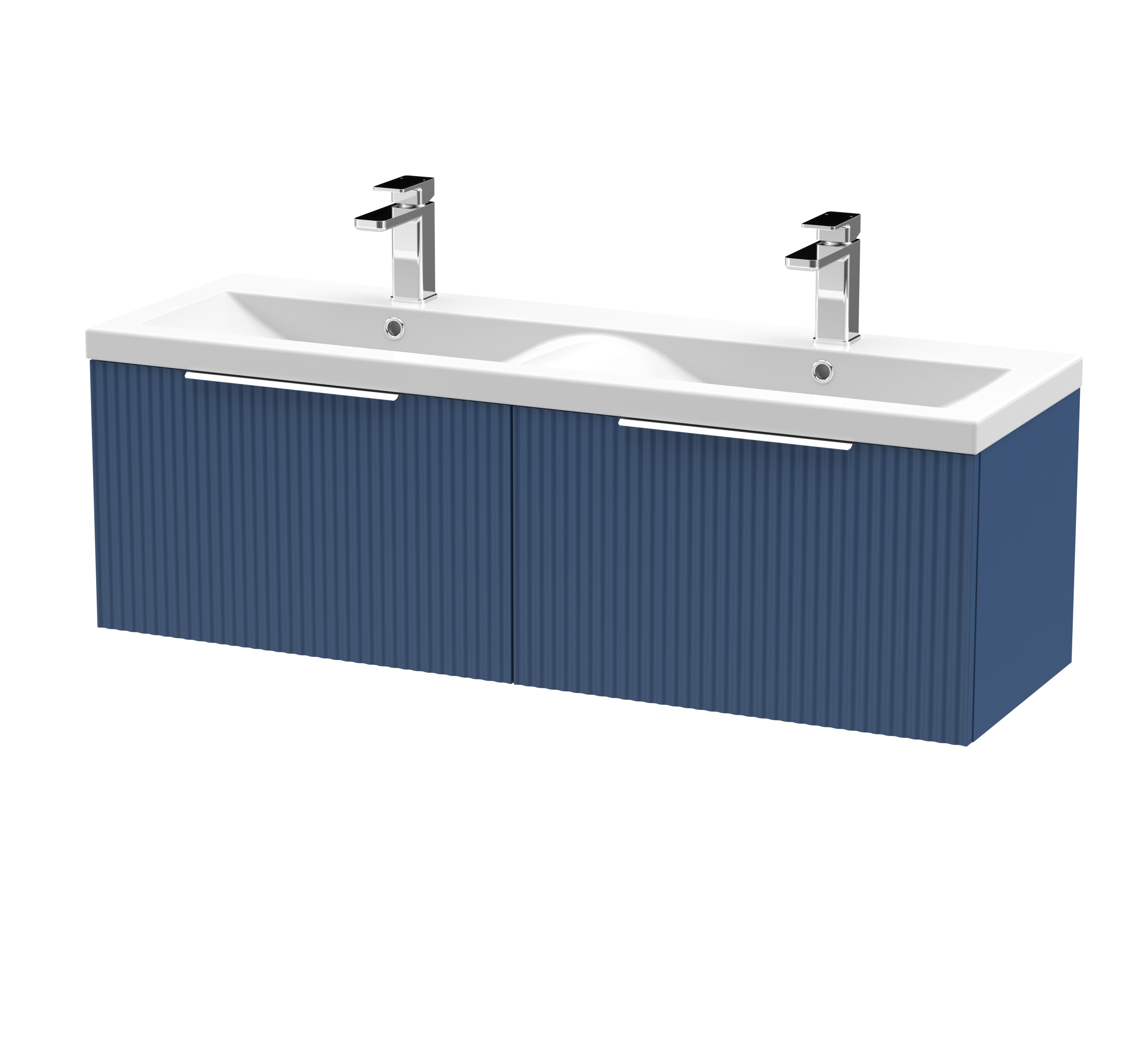 Hudson Reed Fluted Satin Blue 1200mm Wall Hung 2 Drawer Vanity Unit and Double Basin DFF394F