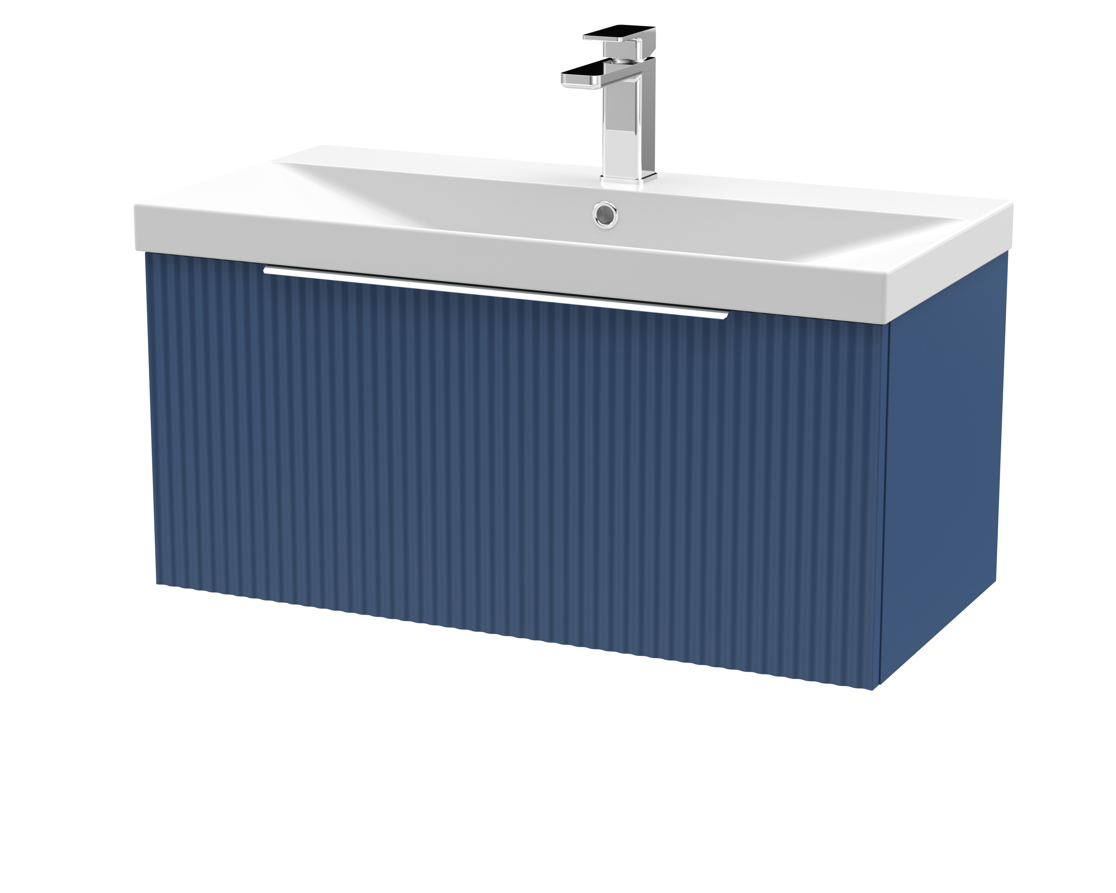 Hudson Reed Fluted Satin Blue 800mm Wall Hung Vanity Unit and Thin Edge Basin DFF396D
