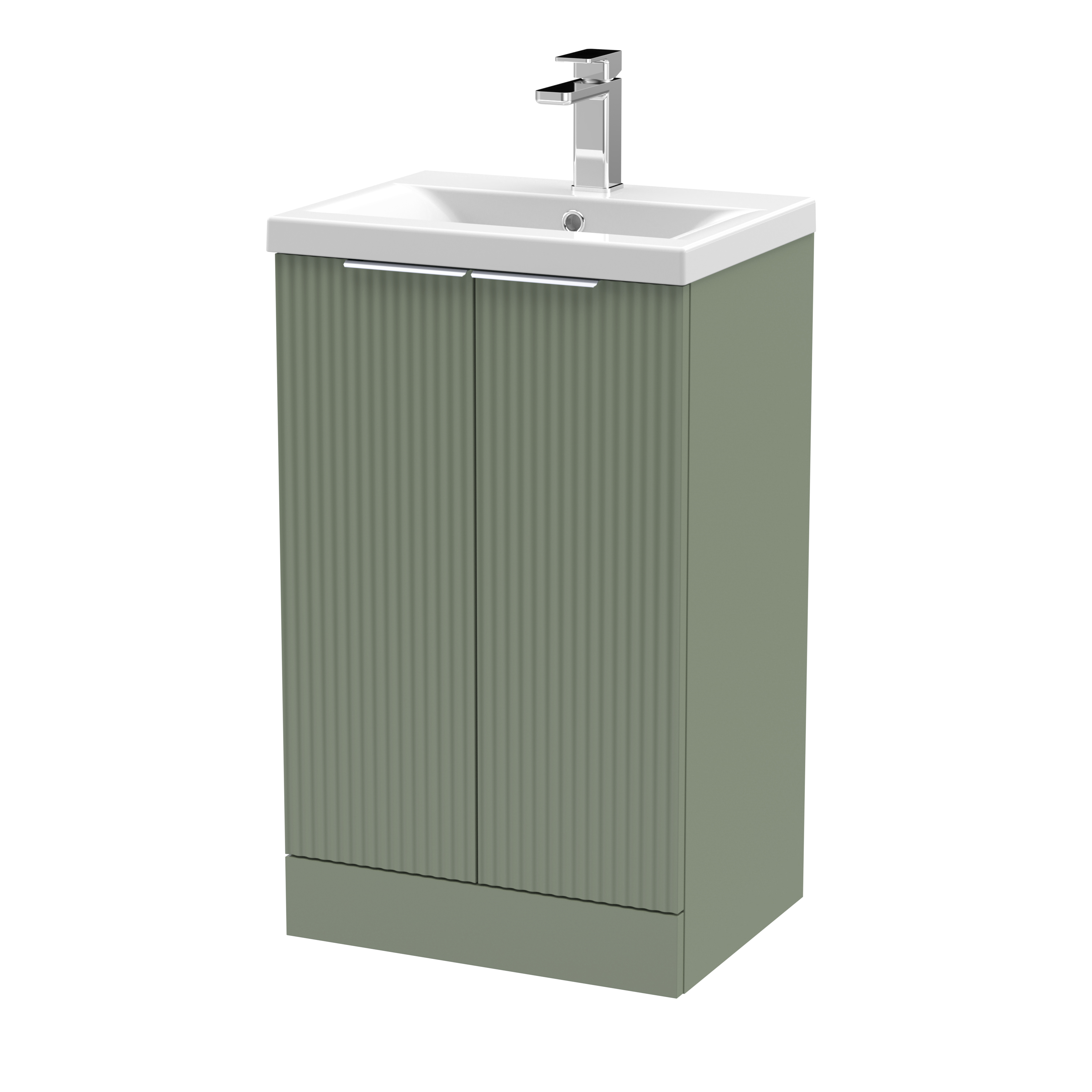 Hudson Reed Fluted Satin Green 500mm Floor Standing 2 Door Vanity Unit and Mid Edge Ceramic Basin DFF823A