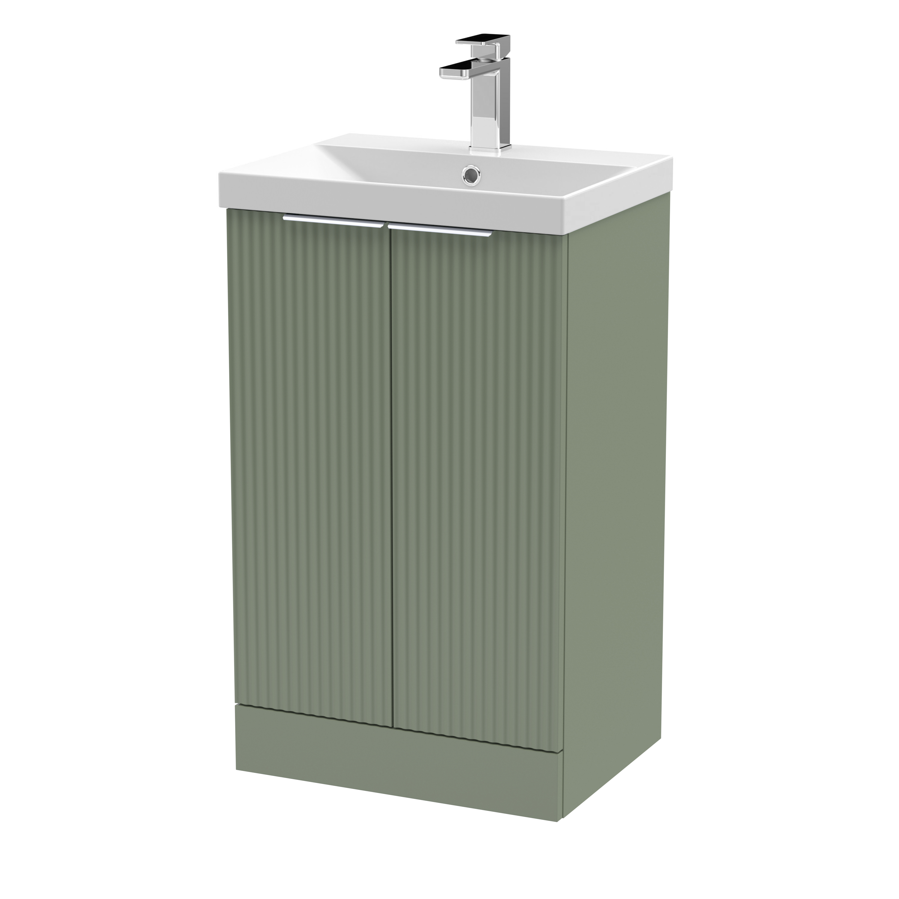 Hudson Reed Fluted Satin Green 500mm Floor Standing 2 Door Vanity Unit and Thin Edge Basin DFF823D