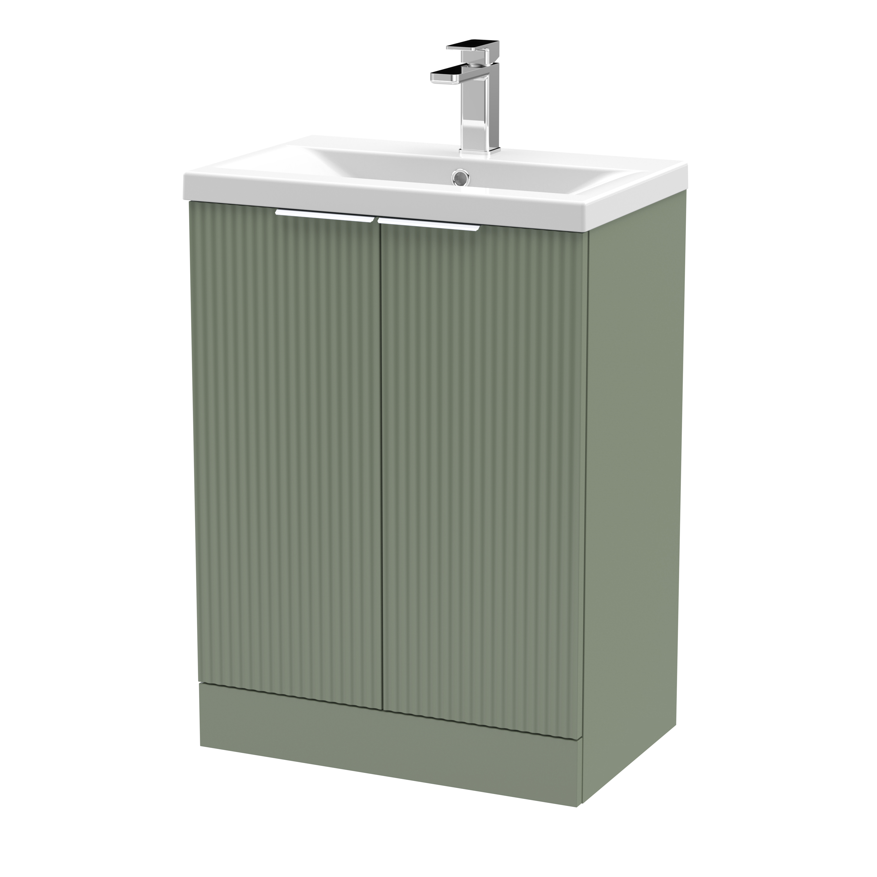 Hudson Reed Fluted Satin Green 600mm Floor Standing 2 Door Vanity Unit and Mid Edge Ceramic Basin DFF825A