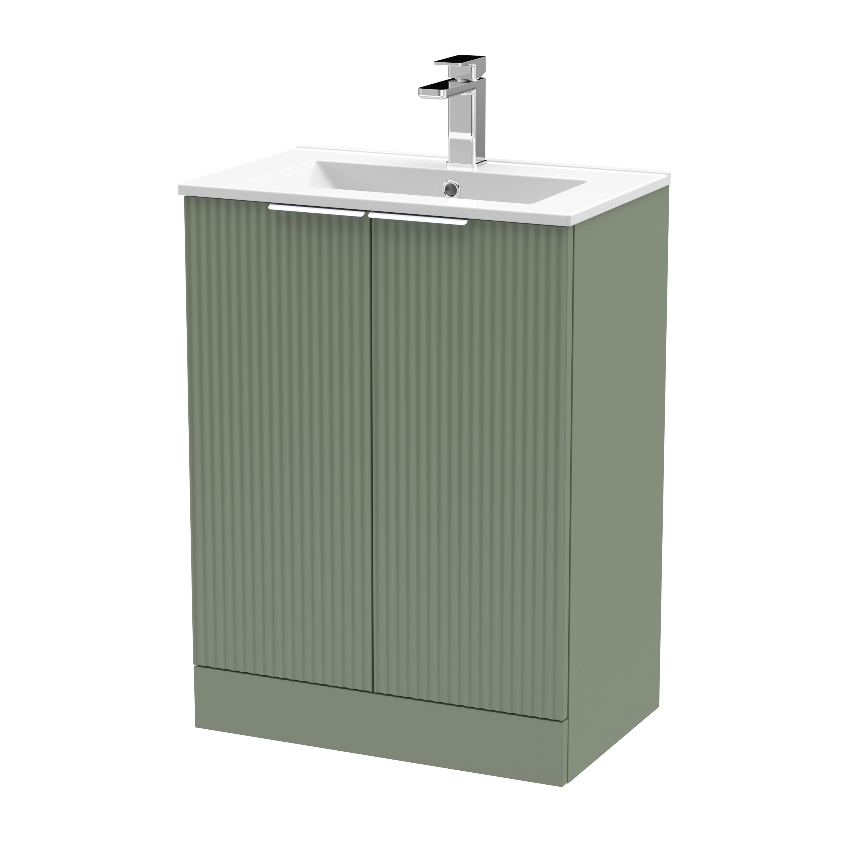 Hudson Reed Fluted Satin Green 600mm Floor Standing 2 Door Vanity Unit and Basin DFF825B