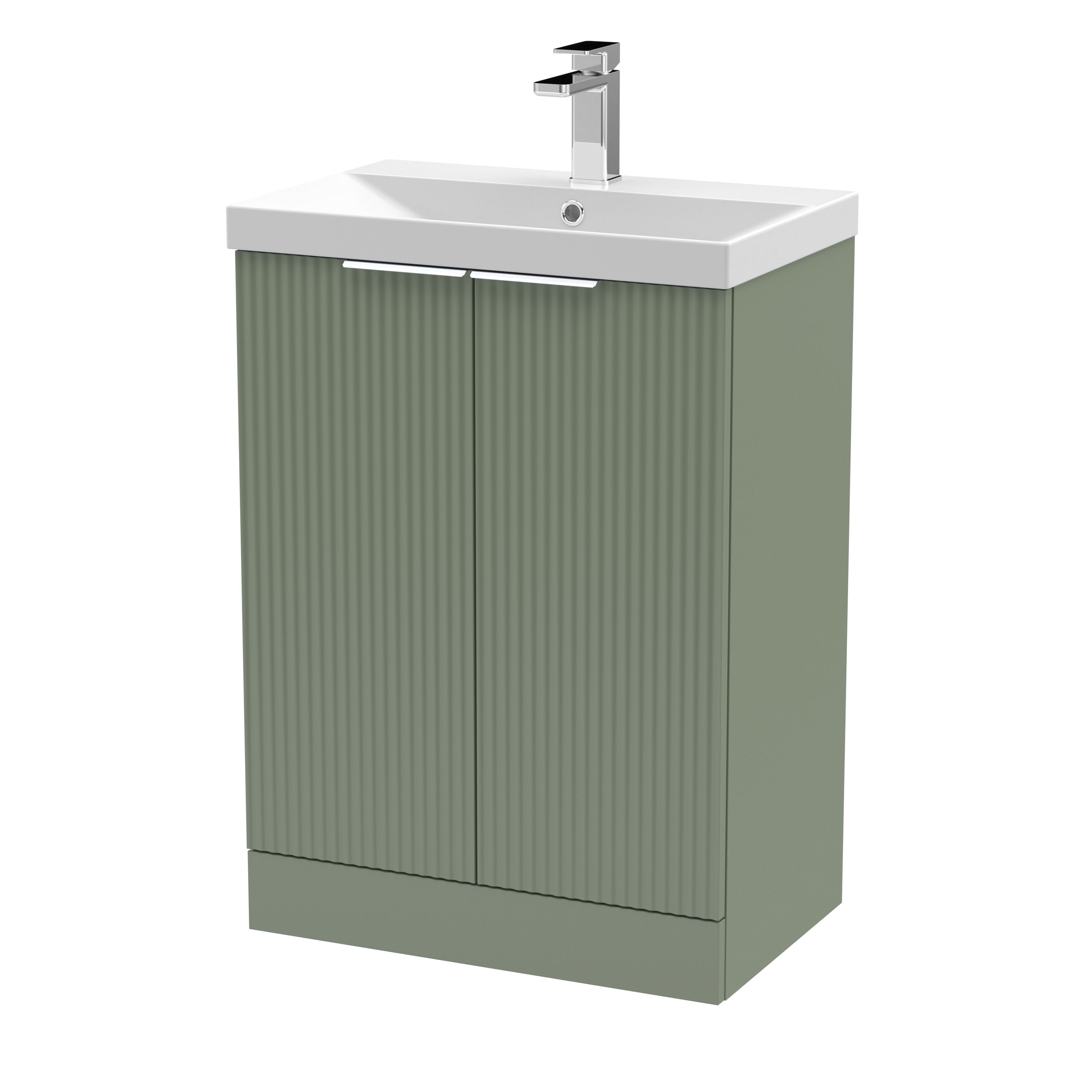 Hudson Reed Fluted Satin Green 600mm Floor Standing 2 Door Vanity Unit and Thin Edge Basin DFF825D