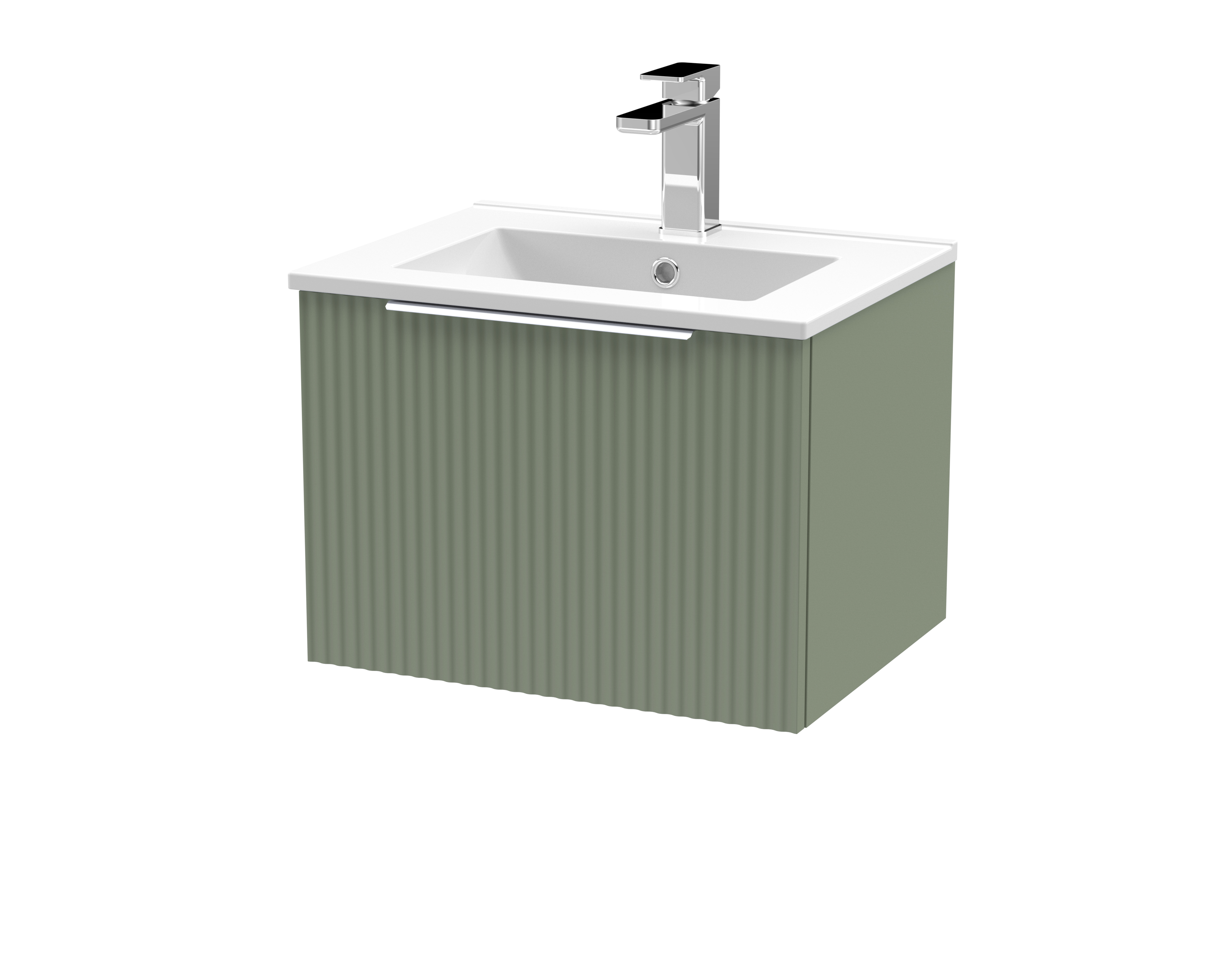 Hudson Reed Fluted Satin Green 500mm Wall Hung Vanity Unit and Minimalist Basin DFF891B