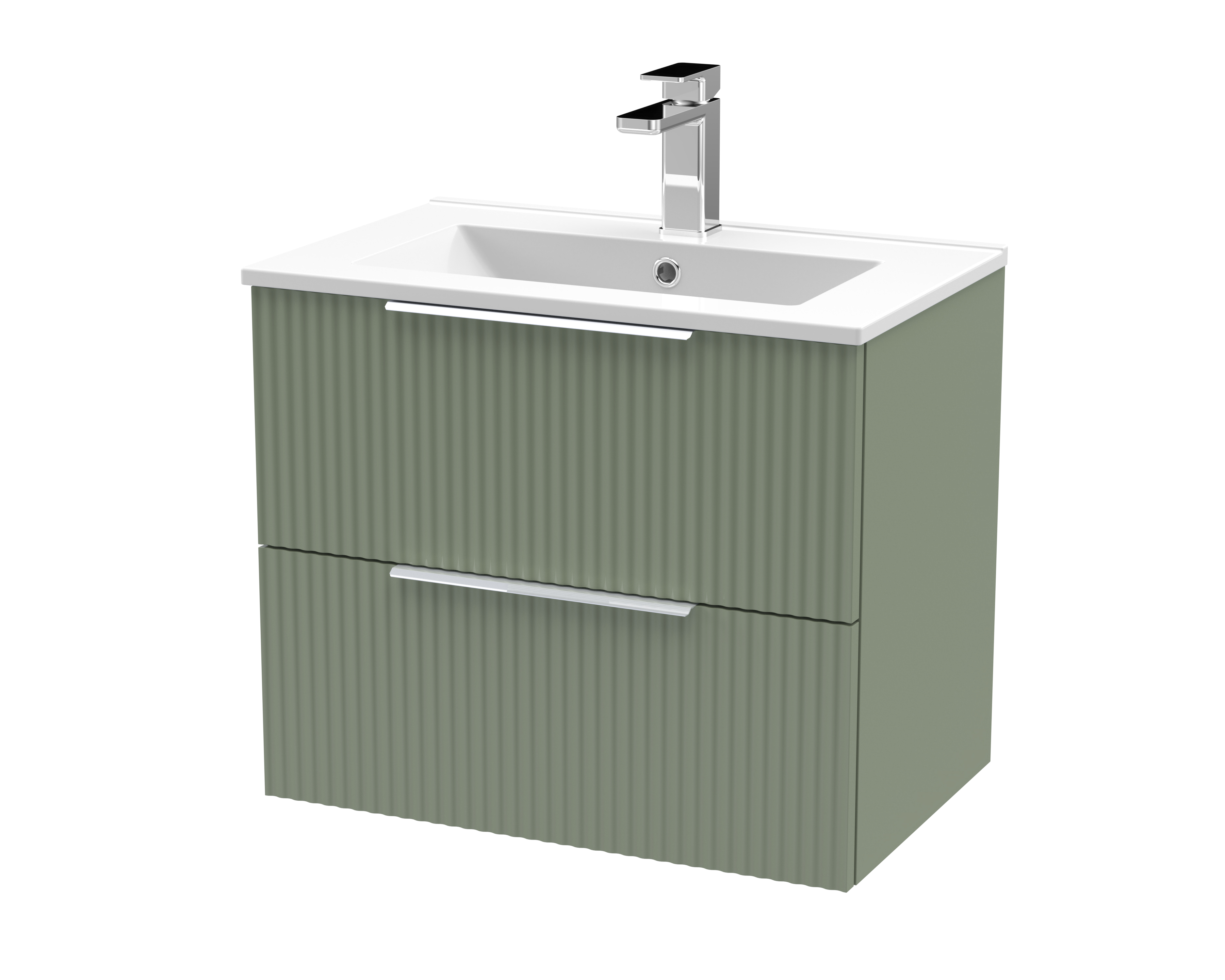 Hudson Reed Fluted Satin Green 600mm Wall Hung 2 Drawer Vanity Unit and Basin DFF893B