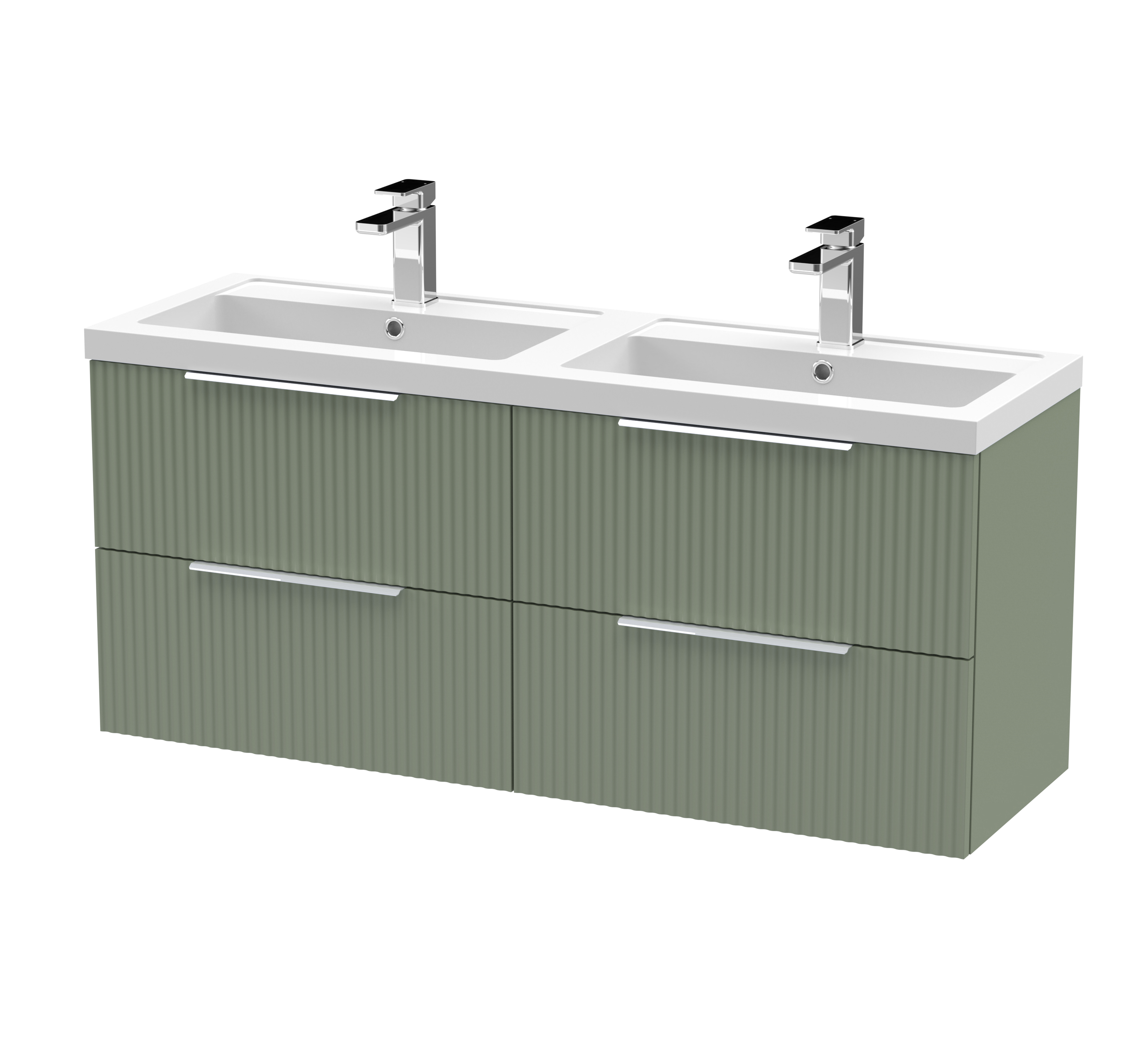 Hudson Reed Fluted Satin Green 1200mm Wall Hung 4 Drawer Vanity Unit and Double Basin DFF893C