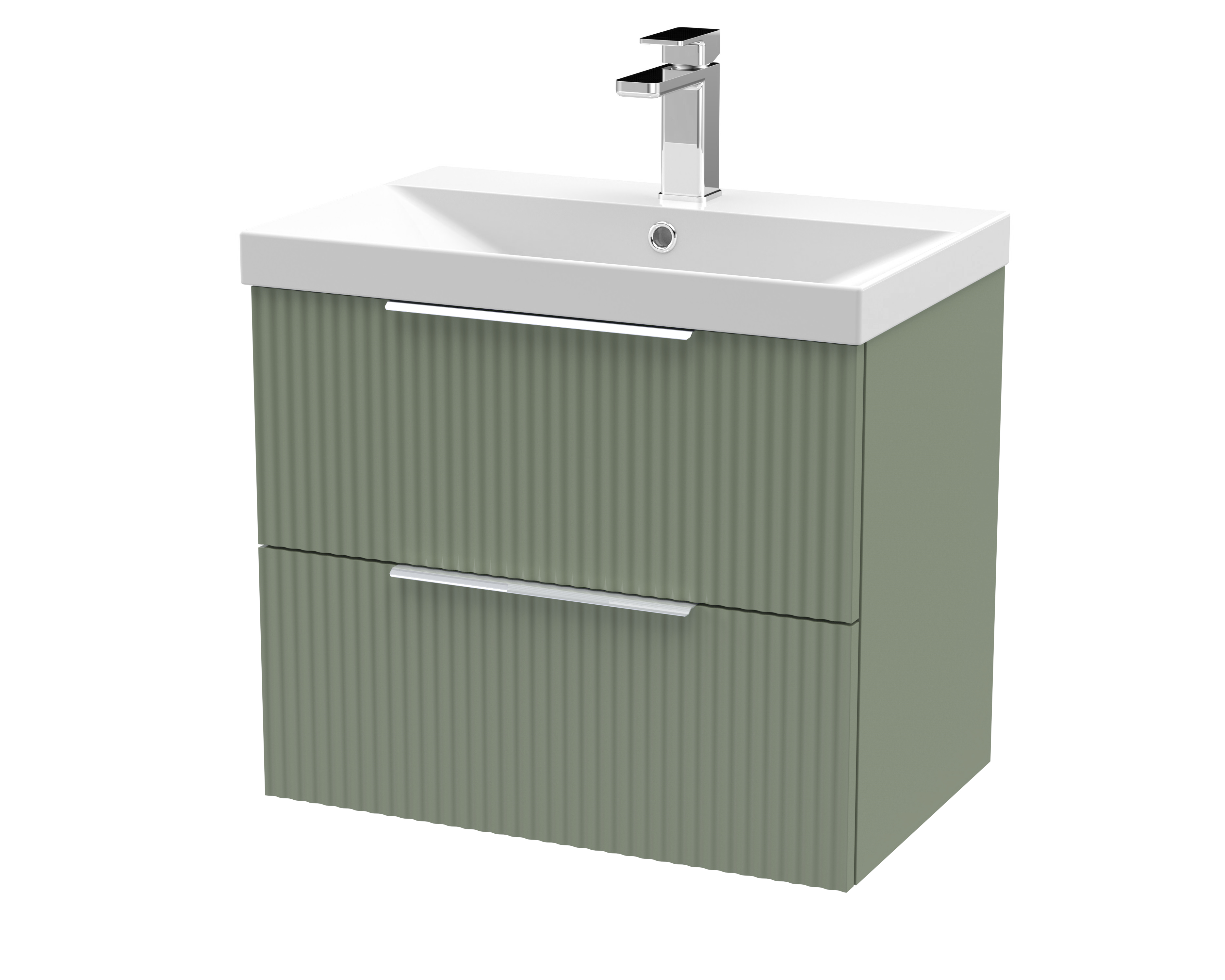 Hudson Reed Fluted Satin Green 600mm Wall Hung 2 Drawer Vanity Unit and Thin Edge Basin DFF893D