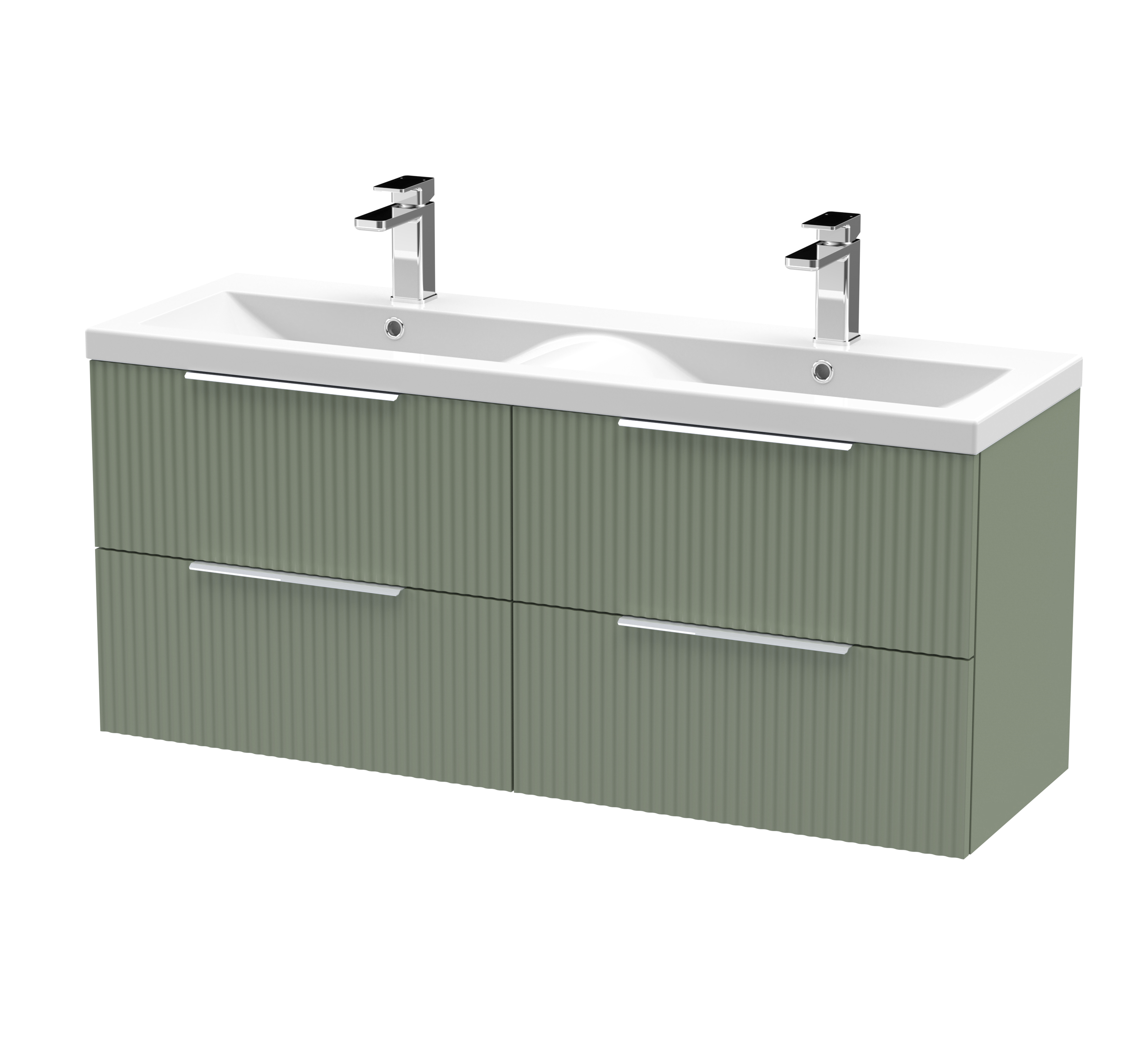 Hudson Reed Fluted Satin Green 1200mm Wall Hung 4 Drawer Vanity Unit and Double Basin DFF893F