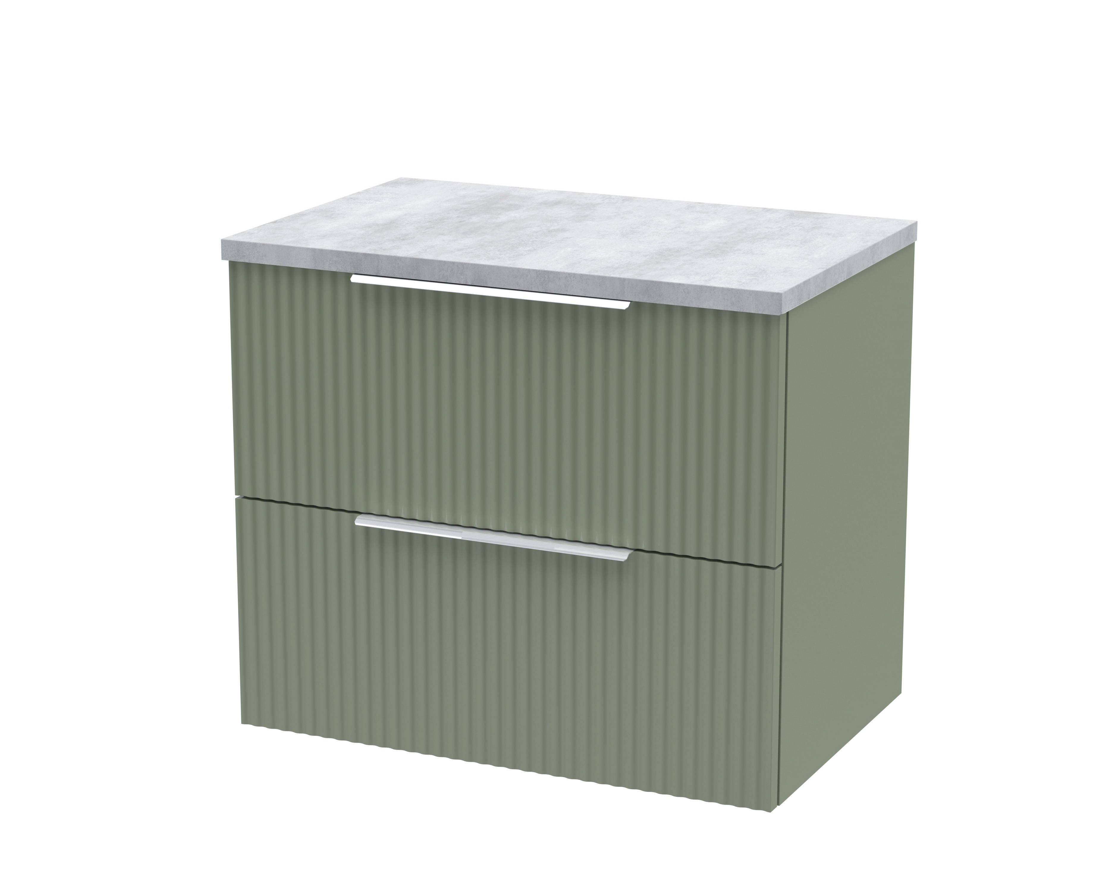 Hudson Reed Fluted Satin Green 600mm Wall Hung 2 Drawer Vanity Unit and Laminate Top DFF893LBG