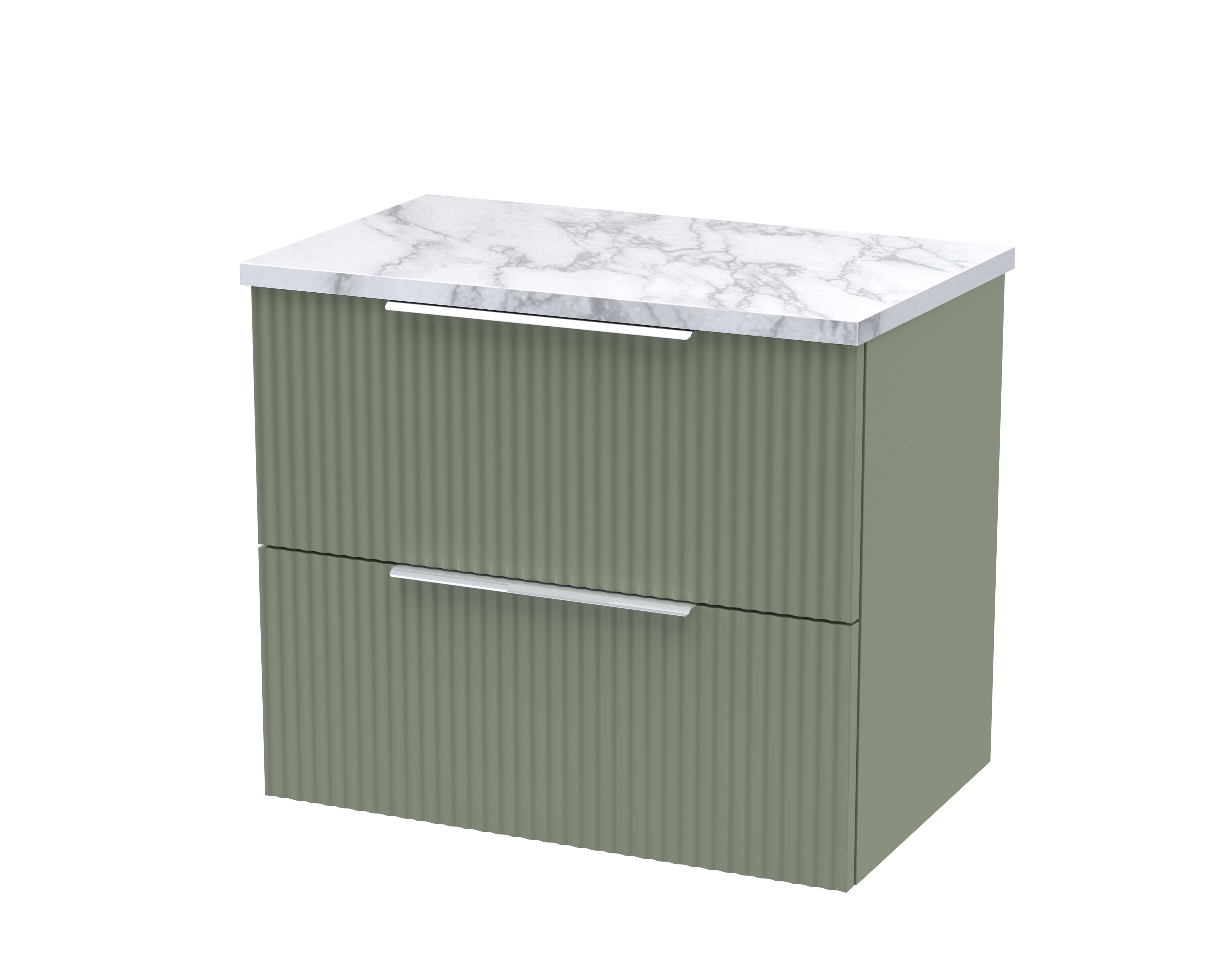 Hudson Reed Fluted Satin Green 600mm Wall Hung 2 Drawer Vanity Unit and Laminate Worktop DFF893LCM