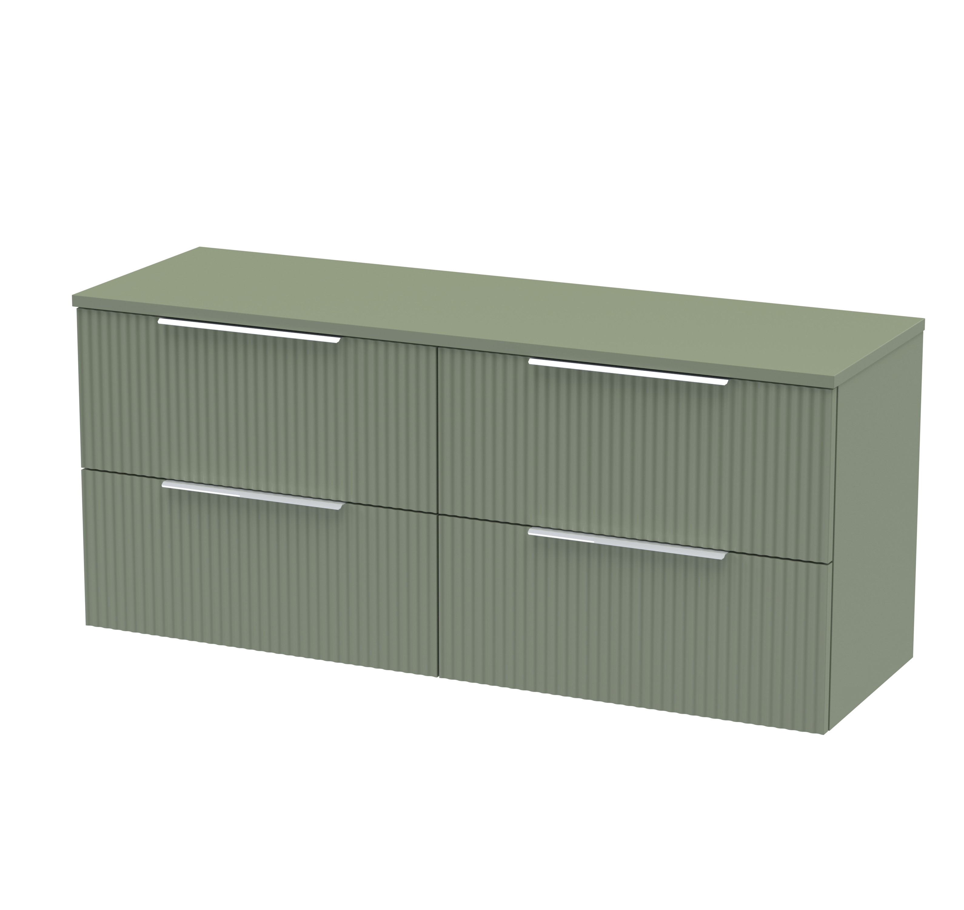 Hudson Reed Fluted Satin Green 1200mm Wall Hung 4 Drawer Vanity Unit and Worktop DFF893W2