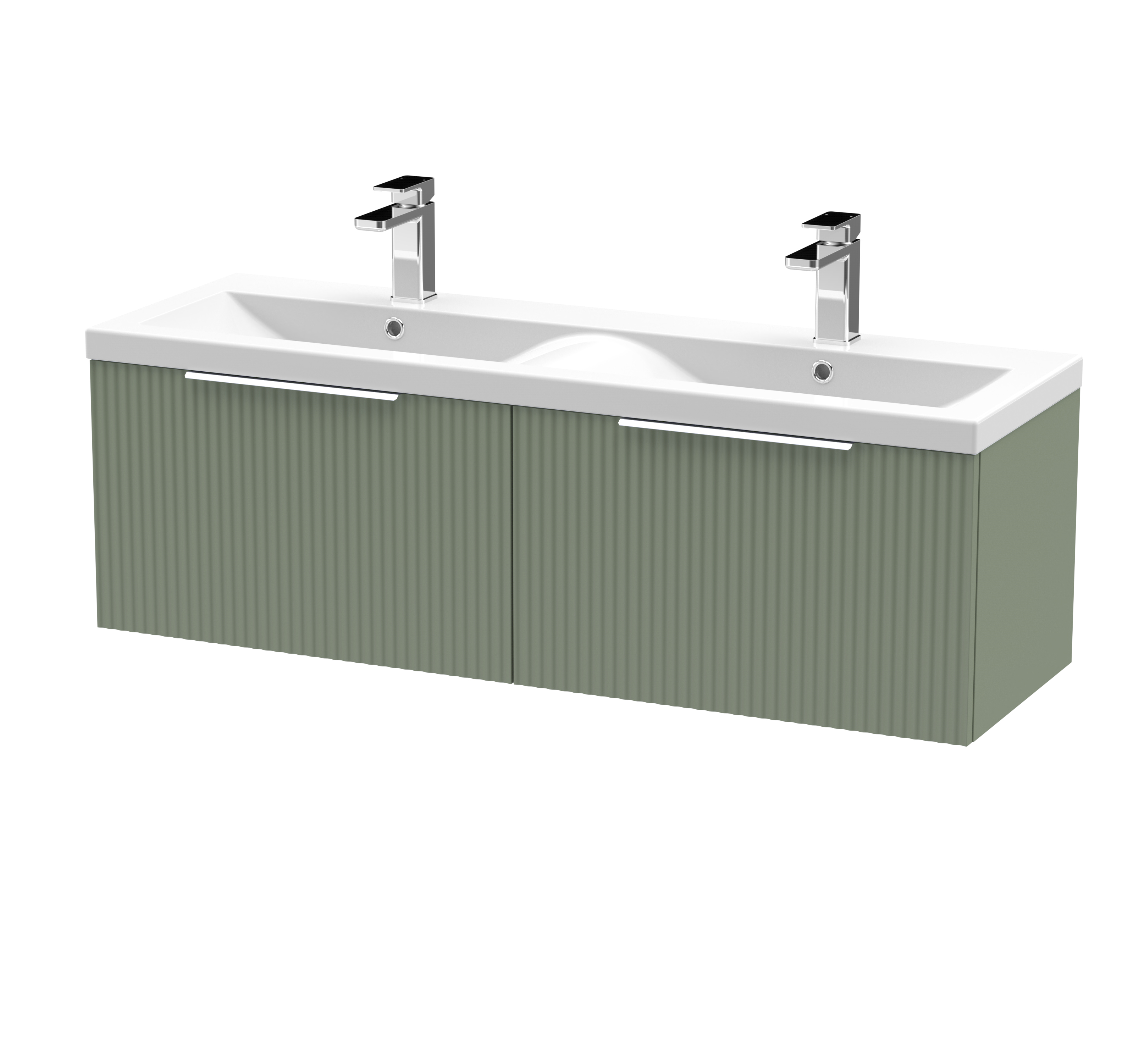 Hudson Reed Fluted Satin Green 1200mm Wall Hung 2 Drawer Vanity Unit and Double Basin DFF894F