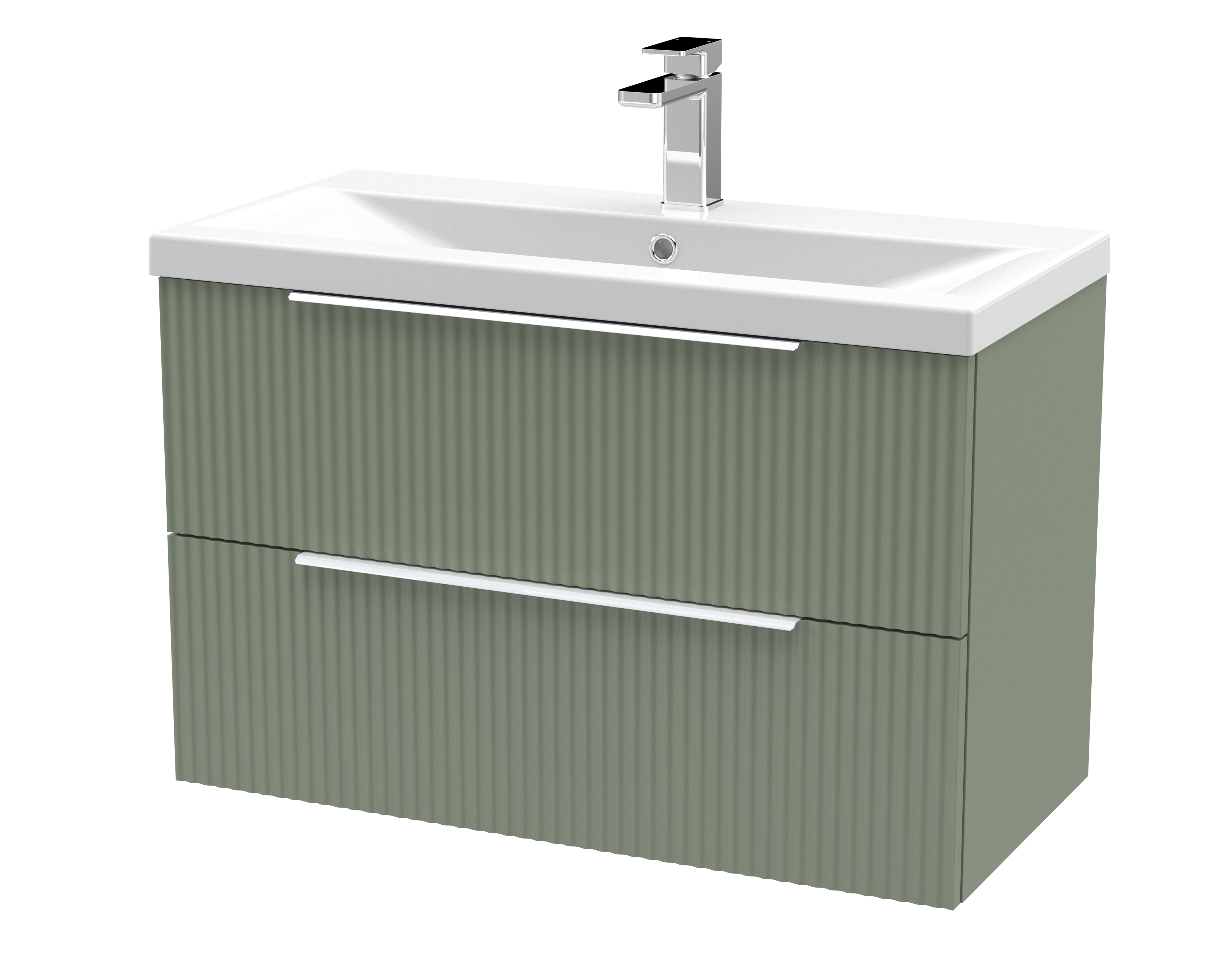 Hudson Reed Fluted Satin Green 800mm Wall Hung 2 Drawer Vanity Unit and Mid Edge Ceramic Basin DFF895A
