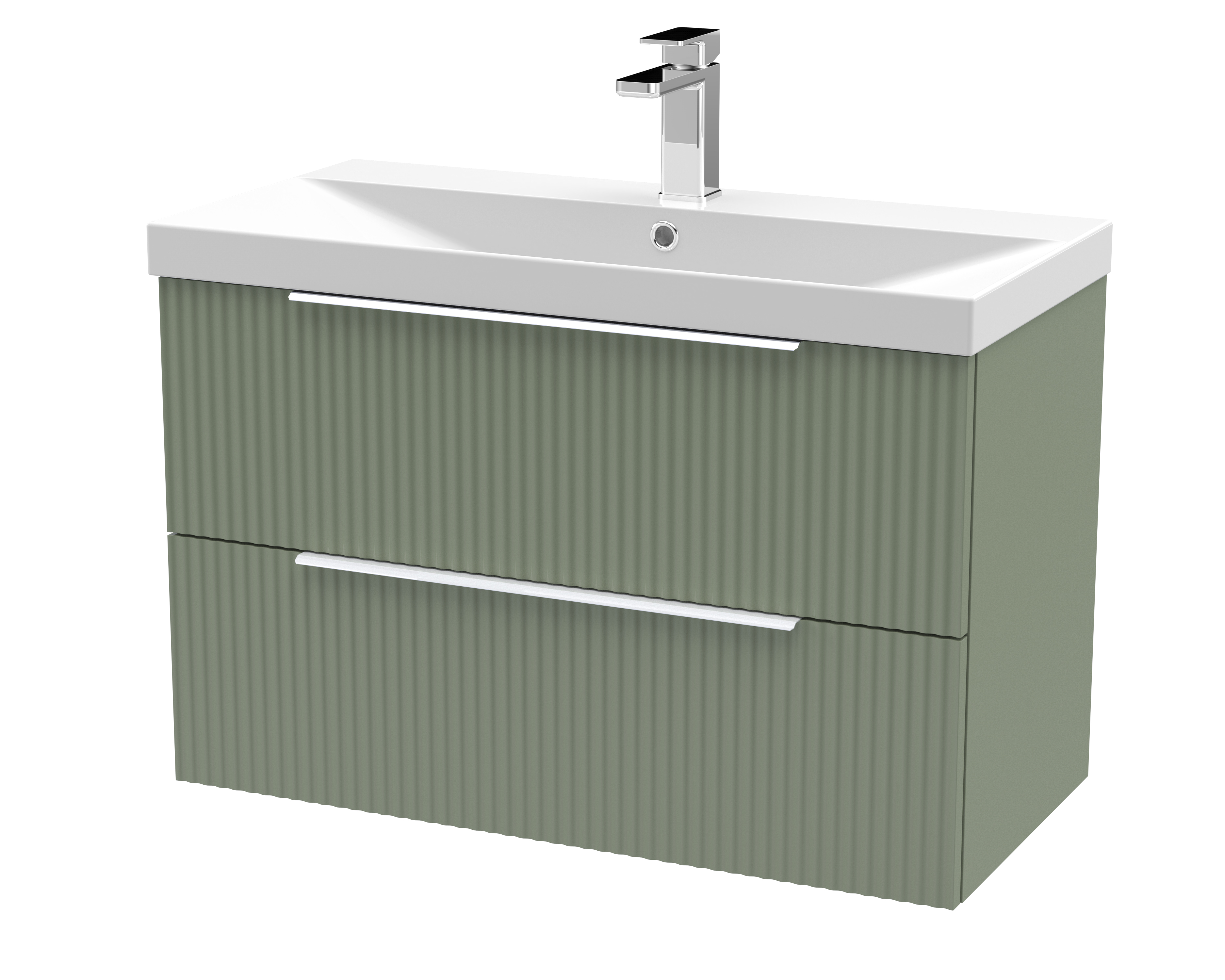 Hudson Reed Fluted Satin Green 800mm Wall Hung 2 Drawer Vanity Unit and Thin Edge Basin DFF895D