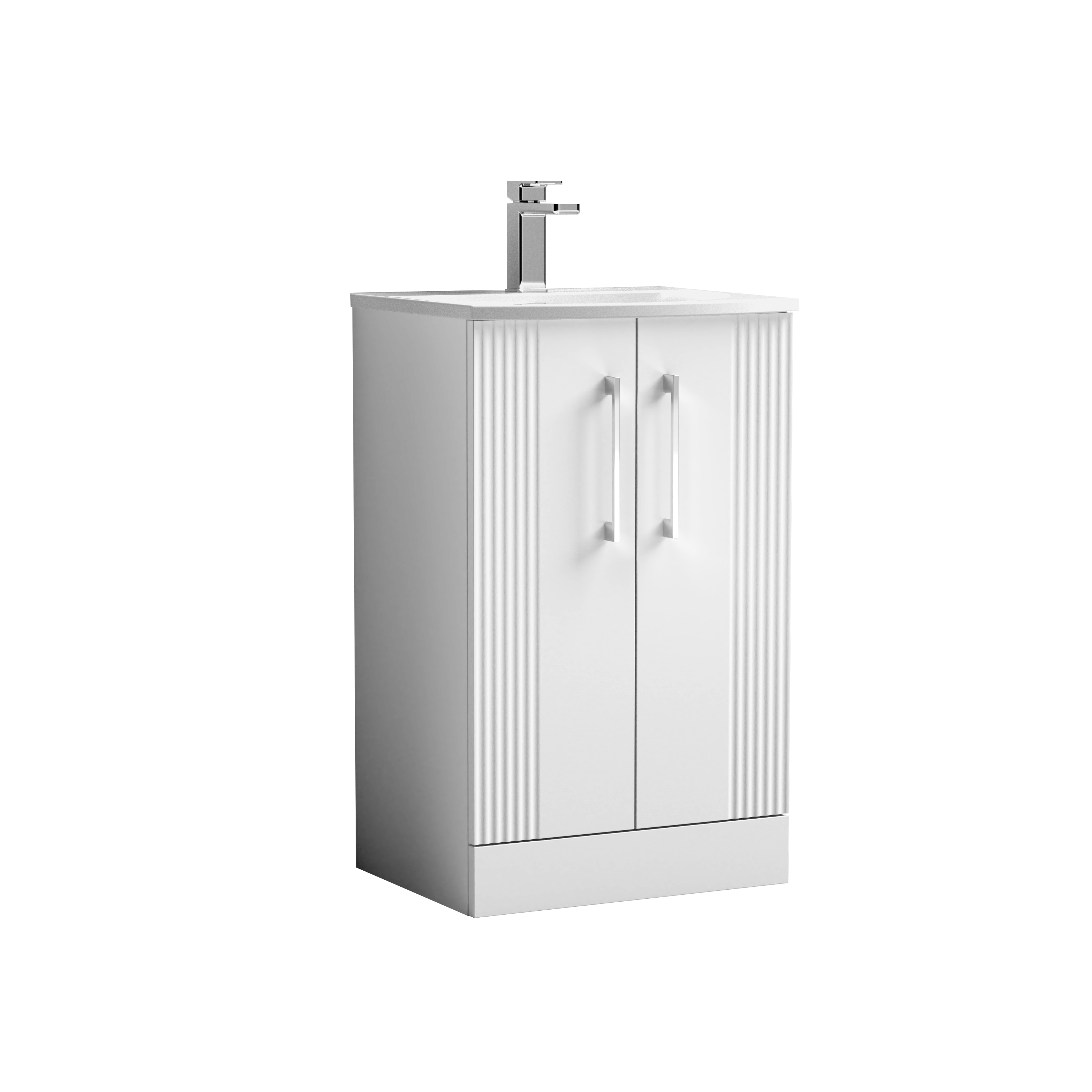 Nuie Deco Satin White 500mm Floor Standing 2 Door Vanity Unit and Curved Basin DPF123G