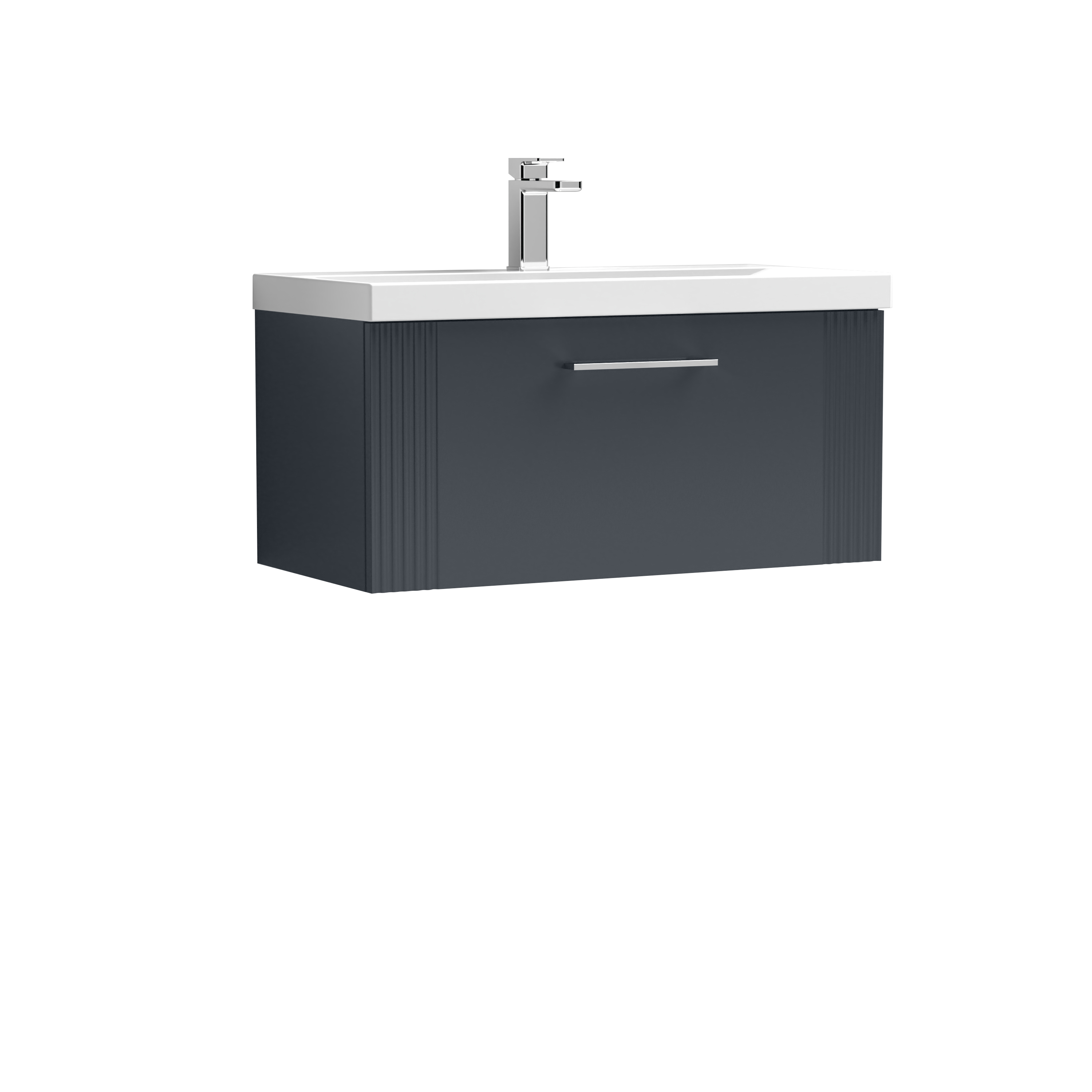 Nuie Deco Soft Black 800mm Wall Hung Single Drawer Vanity Unit and Thin Edge Basin DPF1496D