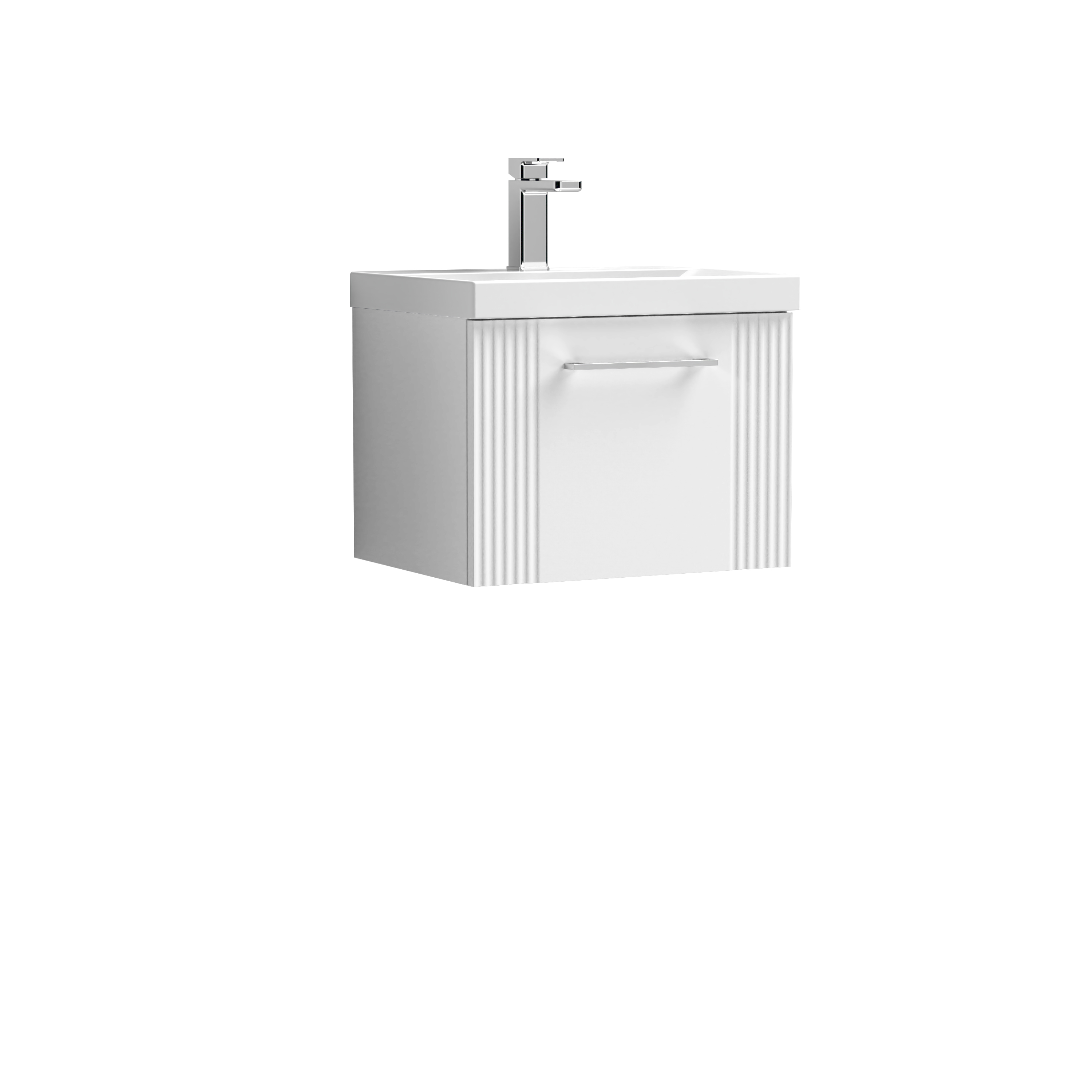 Nuie Deco Satin White 500mm Wall Hung Single Drawer Vanity Unit and Mid Edge Basin DPF191A
