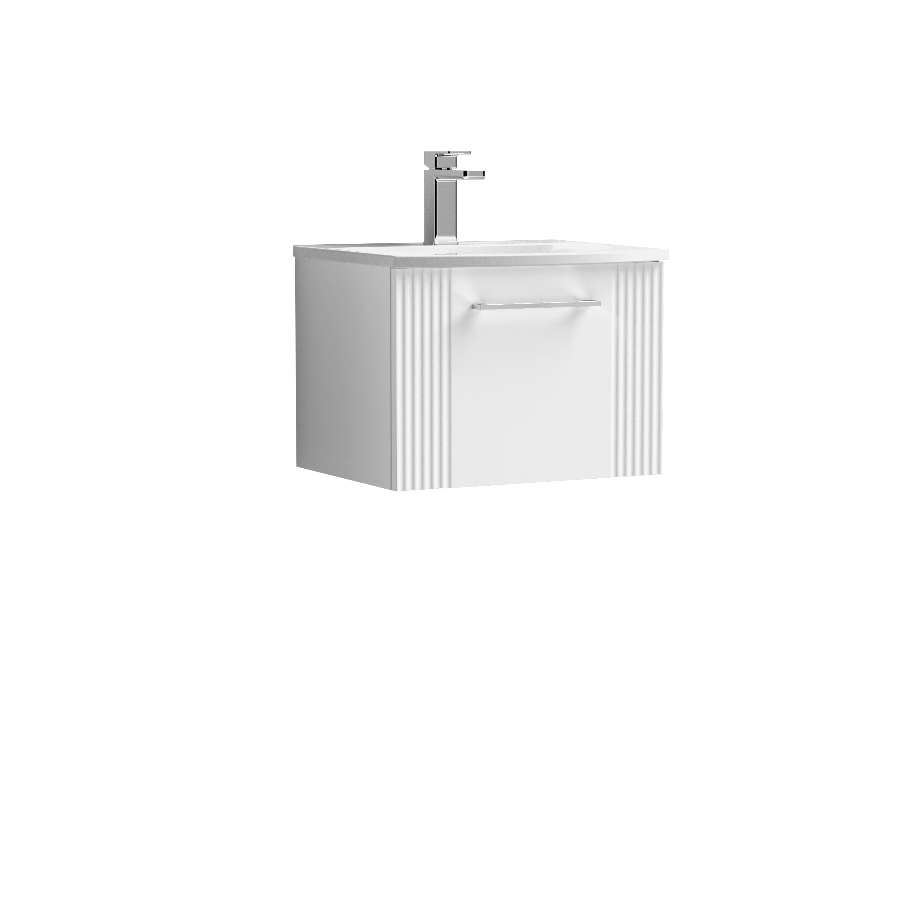 Nuie Deco Satin White 500mm Wall Hung Single Drawer Vanity Unit and Curved Basin DPF191G