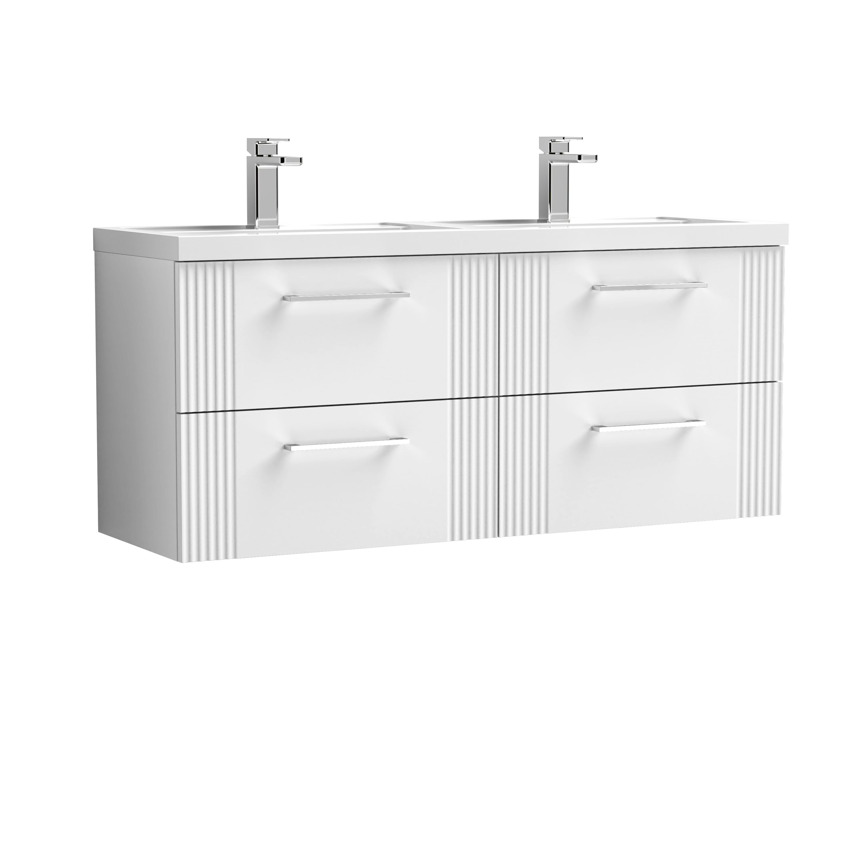 Nuie Deco Satin White 1200mm Wall Hung 4 Drawer Vanity Unit and Double Basin DPF193C