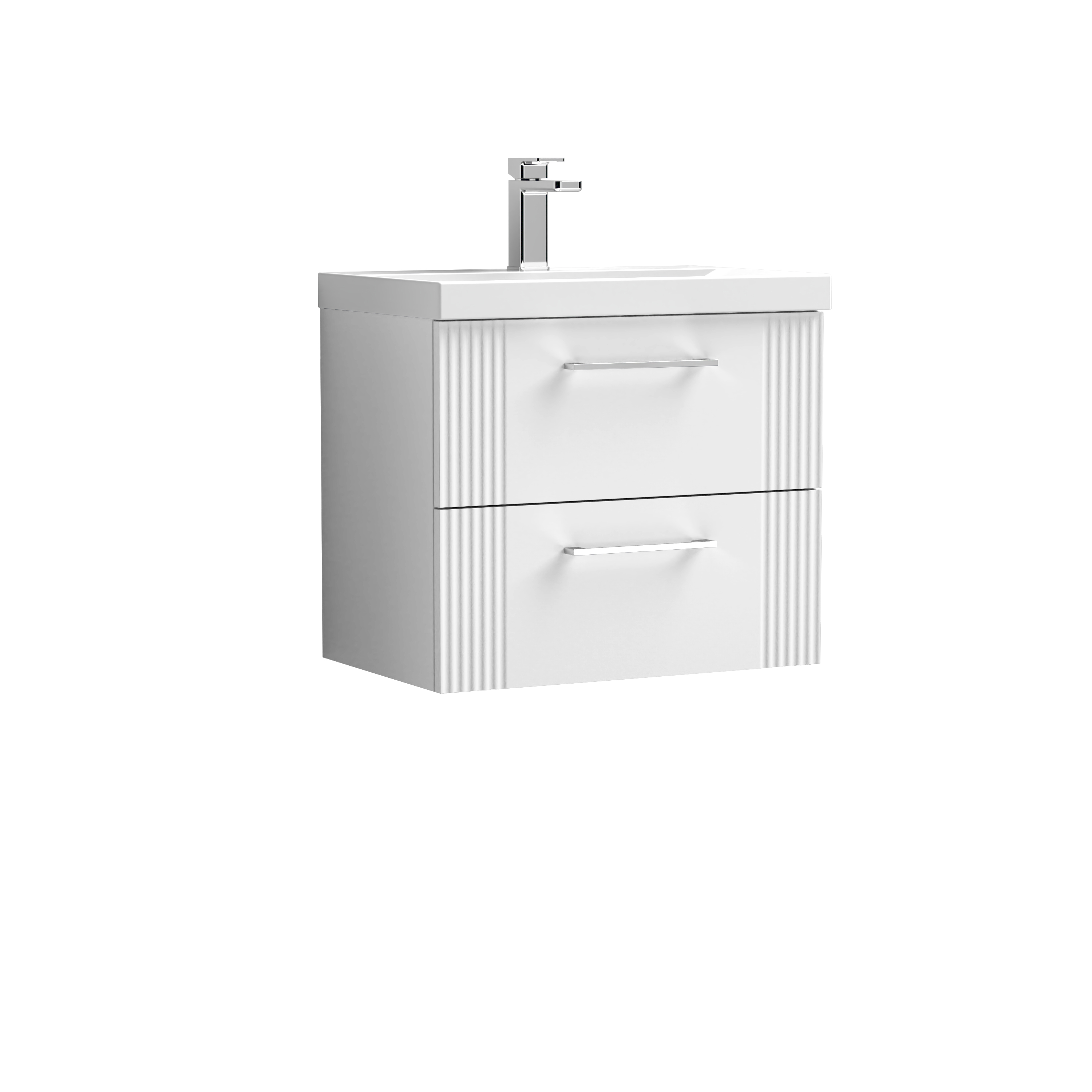 Nuie Deco Satin White 600mm Wall Hung 2 Drawer Vanity Unit and Thin Edge Basin DPF193D