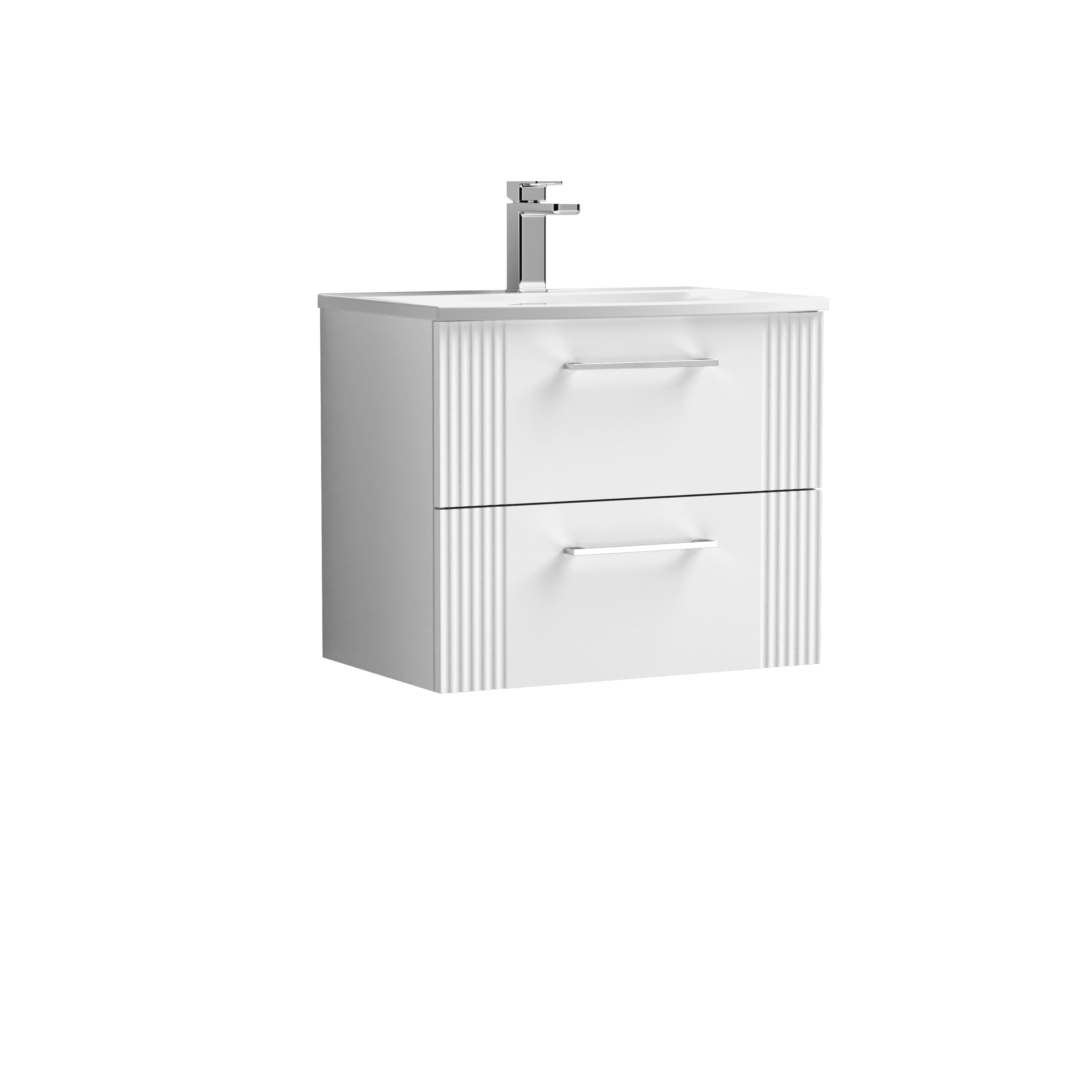 Nuie Deco Satin White 600mm Wall Hung 2 Drawer Vanity Unit and Curved Basin DPF193G