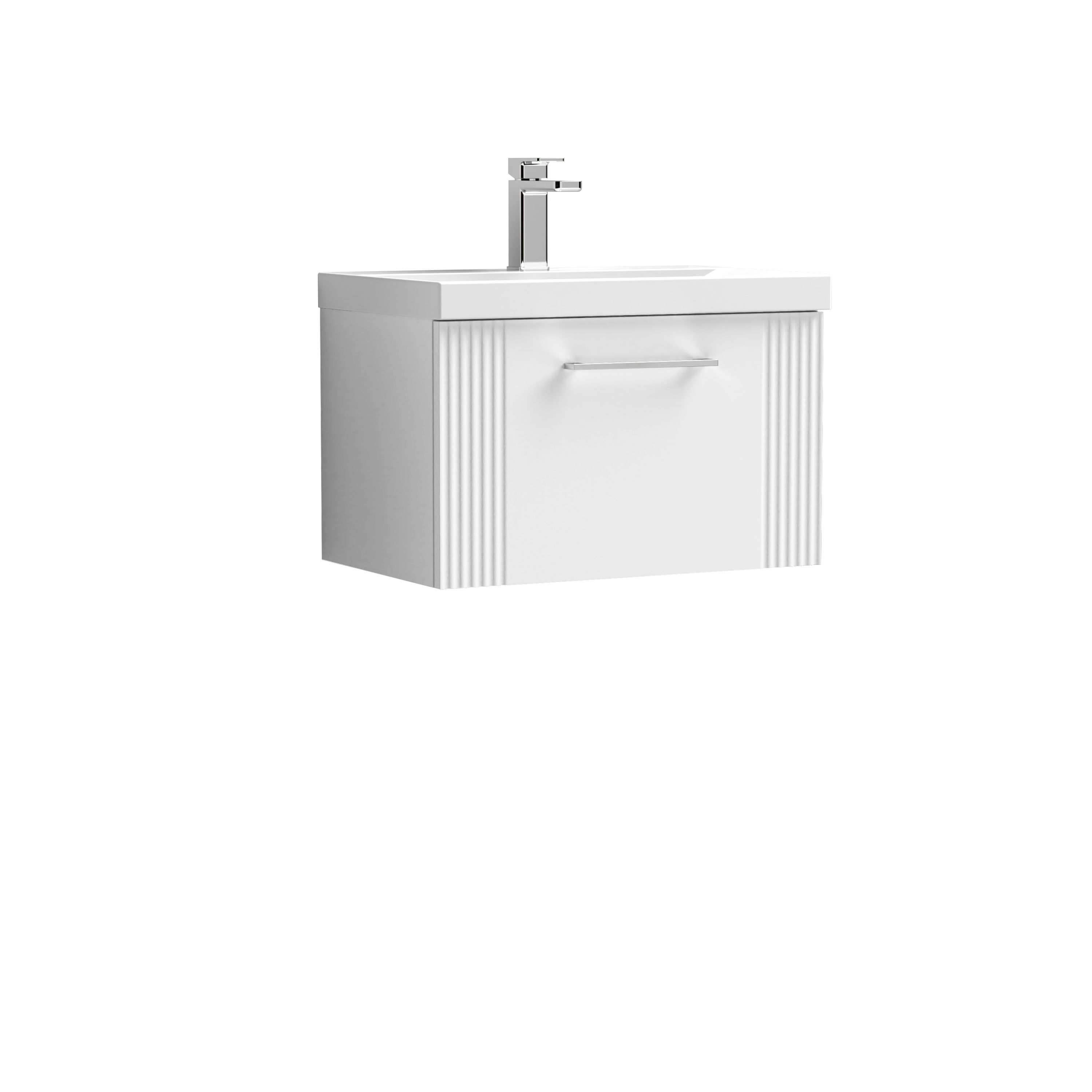 Nuie Deco Satin White 600mm Wall Hung Single Drawer Vanity Unit and Mid Edge Basin DPF194A
