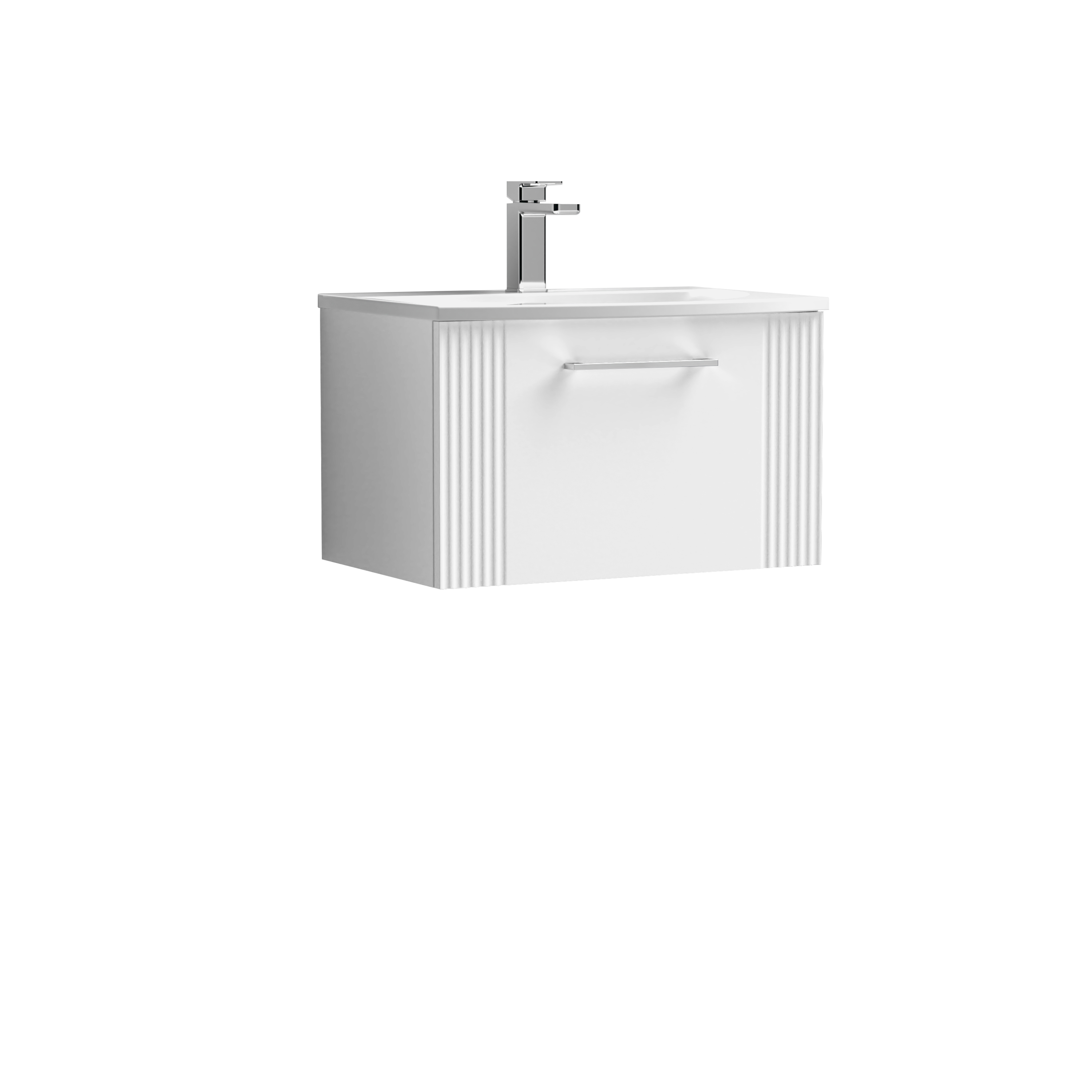 Nuie Deco Satin White 600mm Wall Hung Single Drawer Vanity Unit and Curved Basin DPF194G