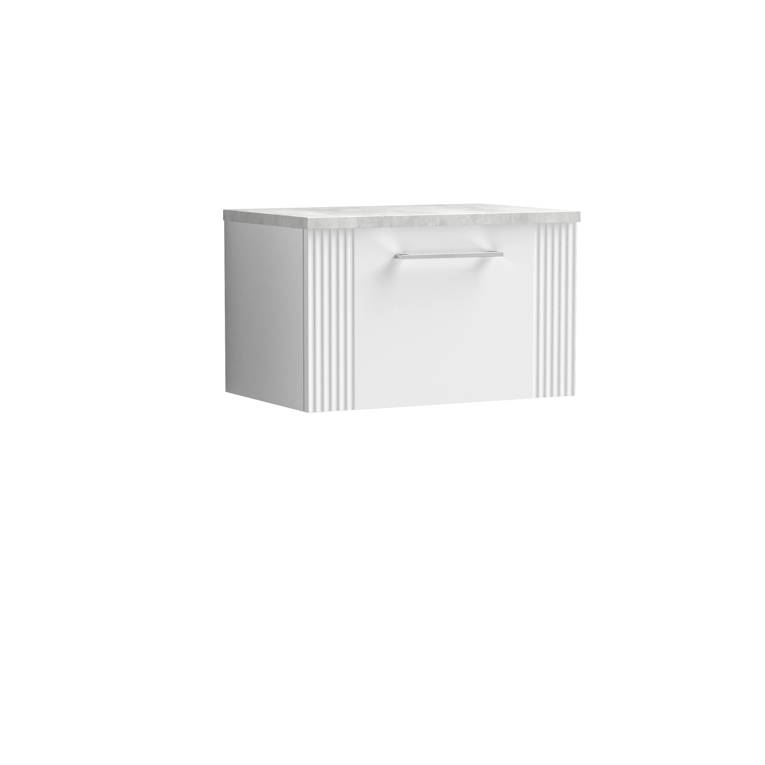 Nuie Deco Satin White 600mm Wall Hung Single Drawer Vanity Unit and Laminate Top DPF194LBG