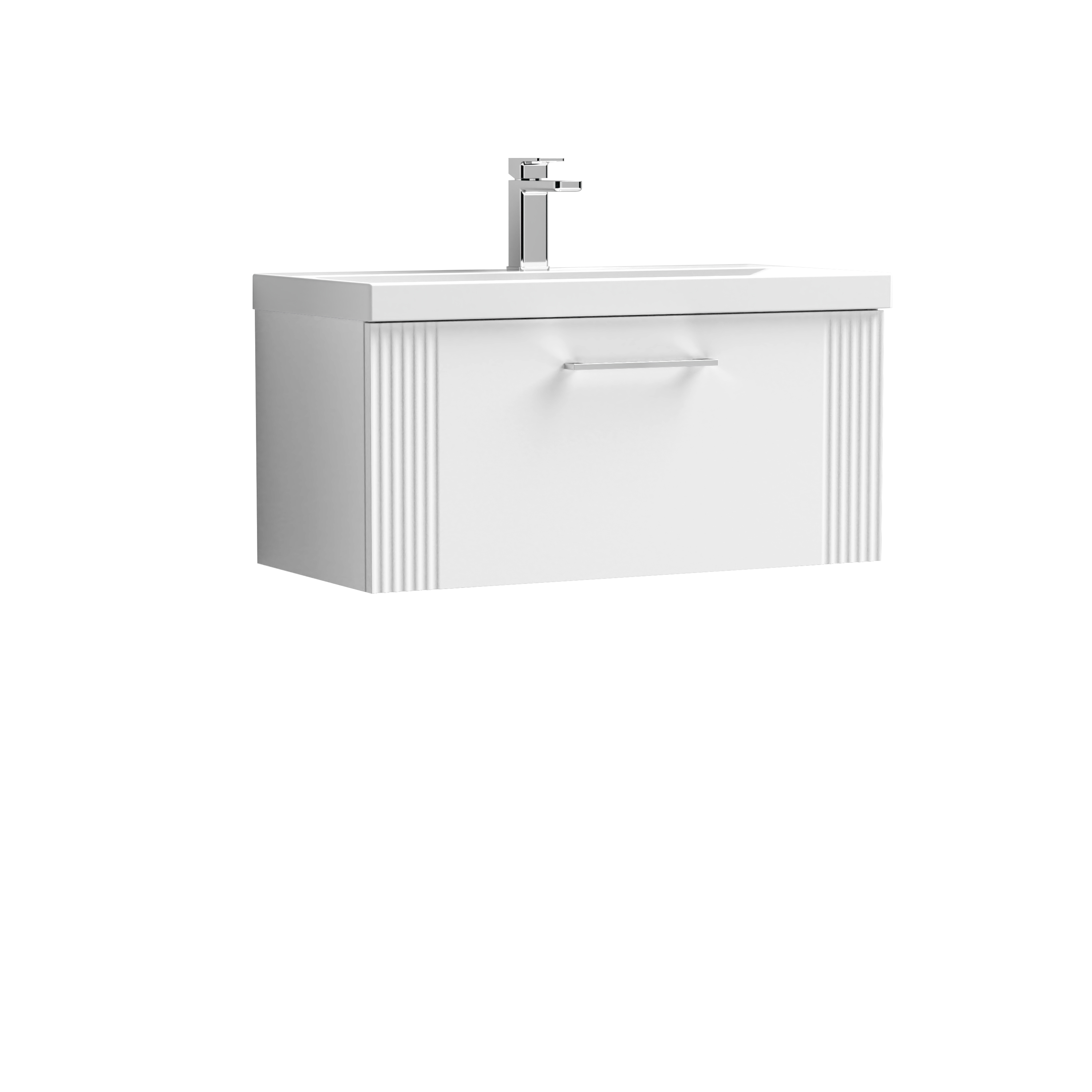 Nuie Deco Satin White 800mm Wall Hung Single Drawer Vanity Unit and Thin Edge Basin DPF196D