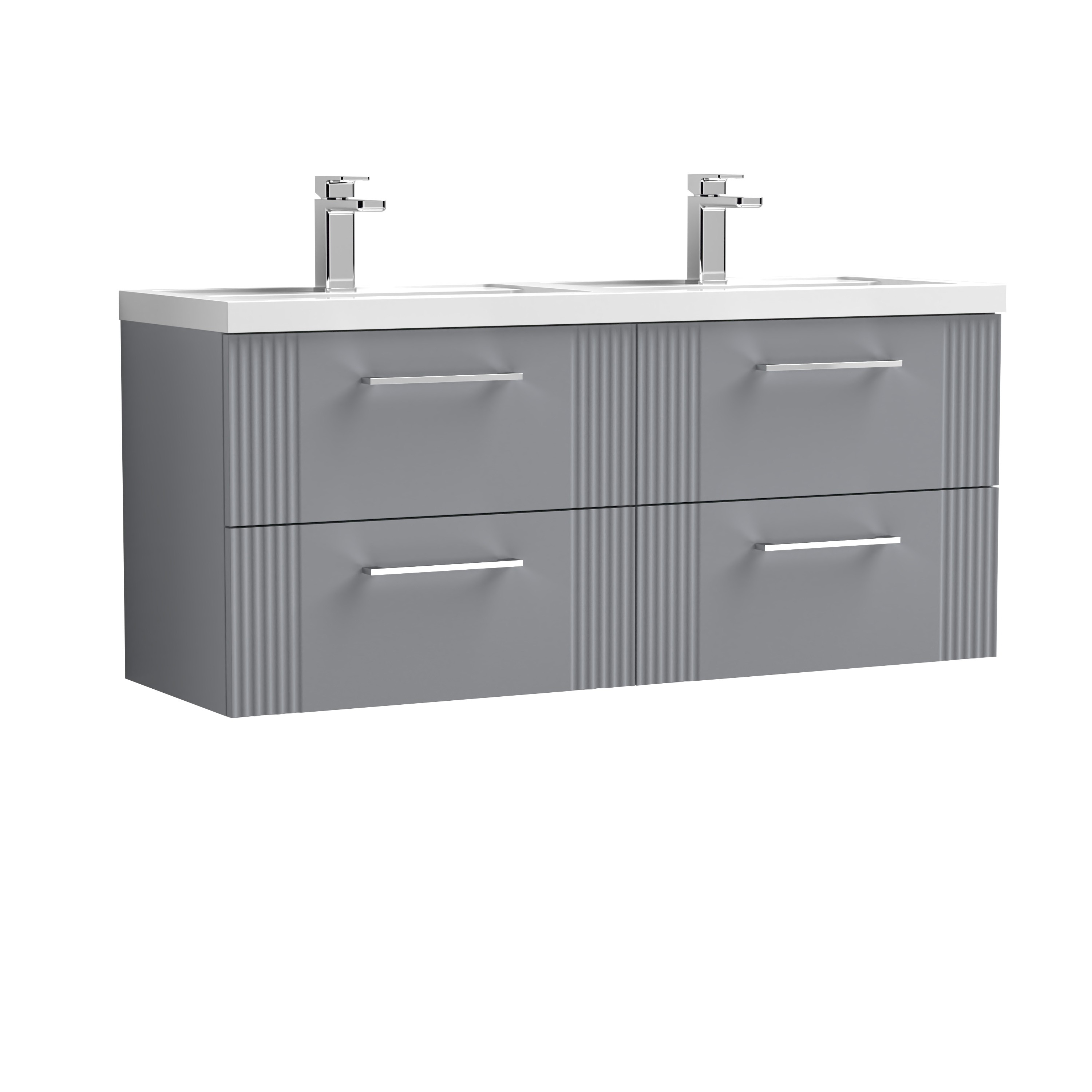 Nuie Deco Satin Grey 1200mm Wall Hung 4 Drawer Vanity Unit and Double Basin DPF293C