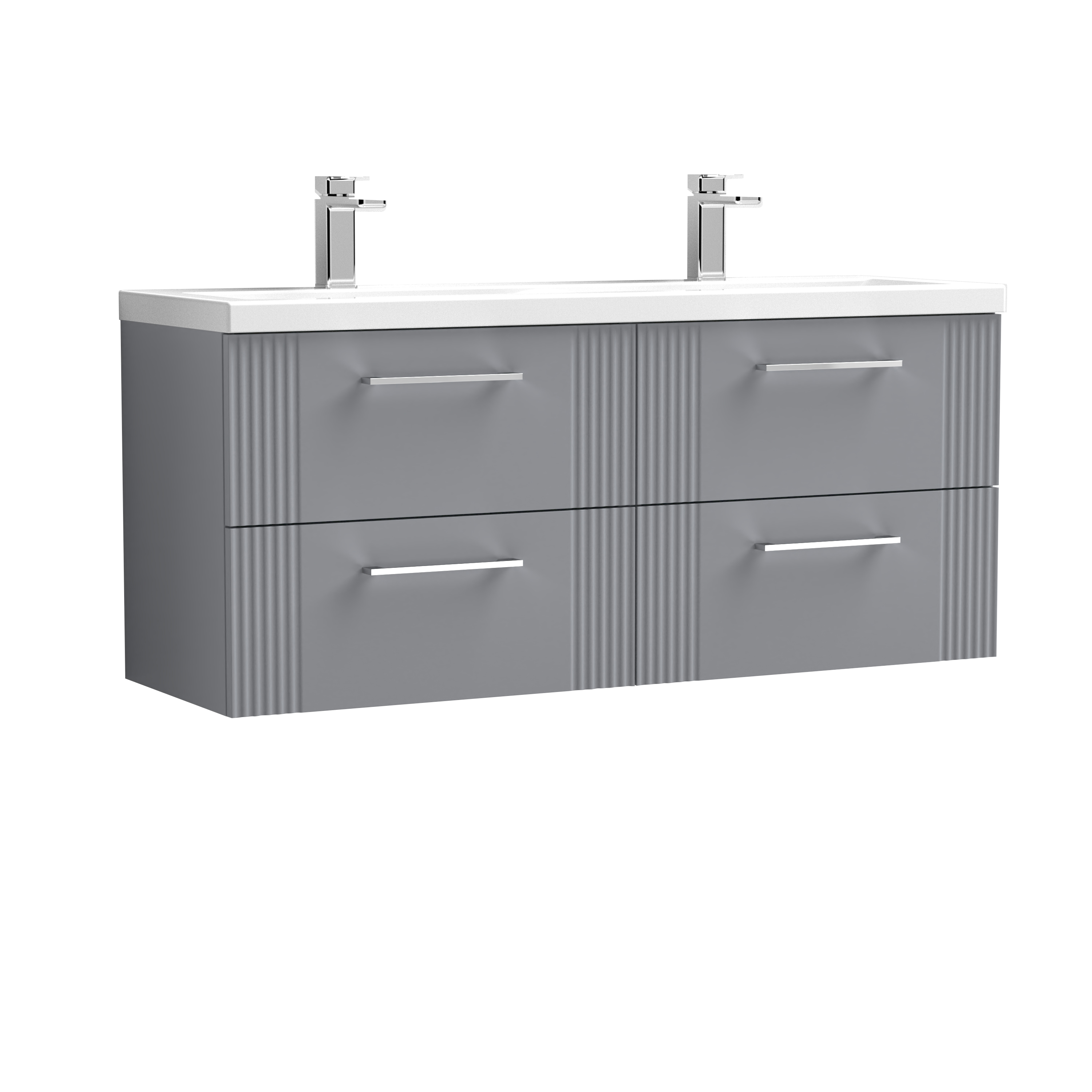Nuie Deco Satin Grey 1200mm Wall Hung 4 Drawer Vanity Unit and Double Basin DPF293F
