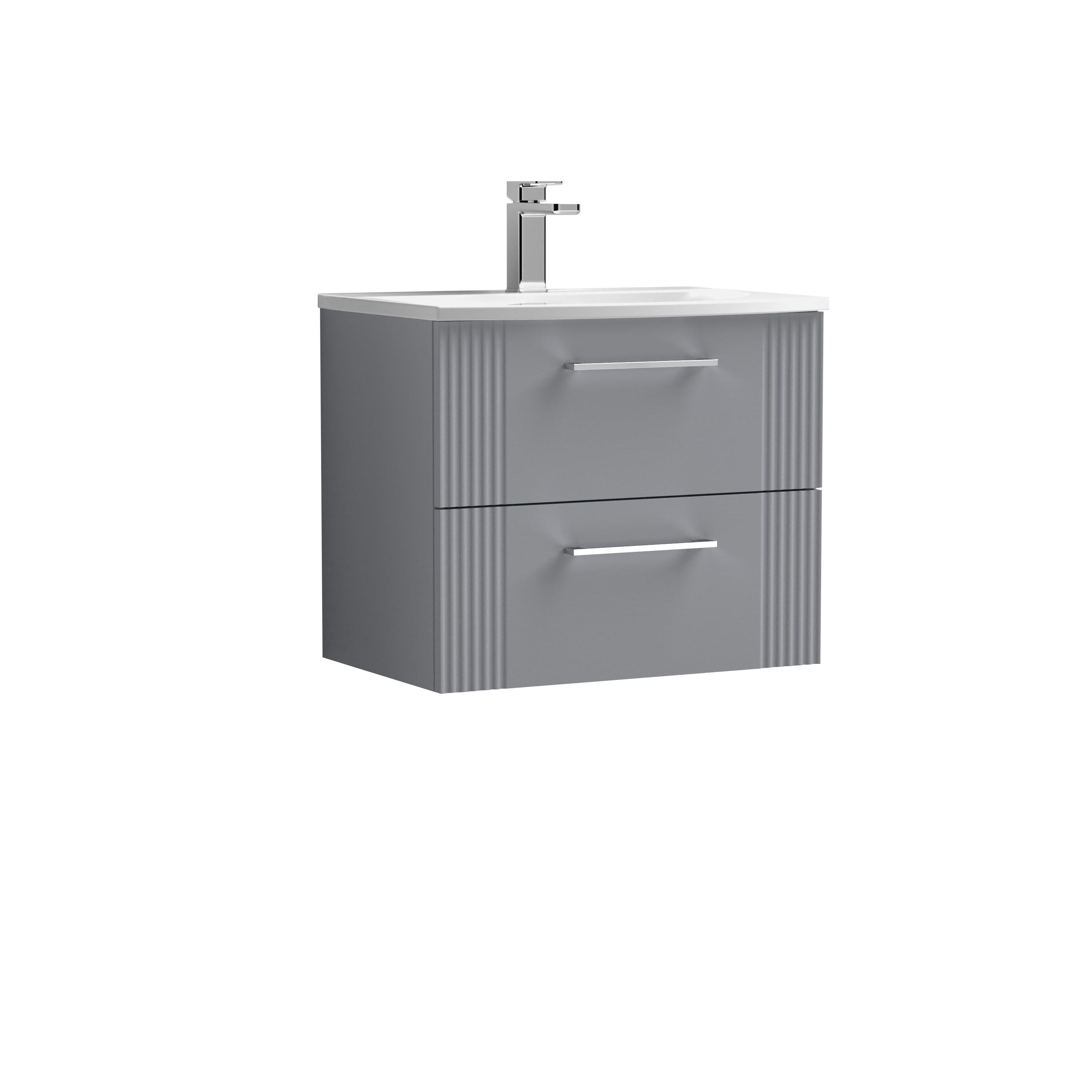 Nuie Deco Satin Grey 600mm Wall Hung 2 Drawer Vanity Unit and Curved Basin DPF293G