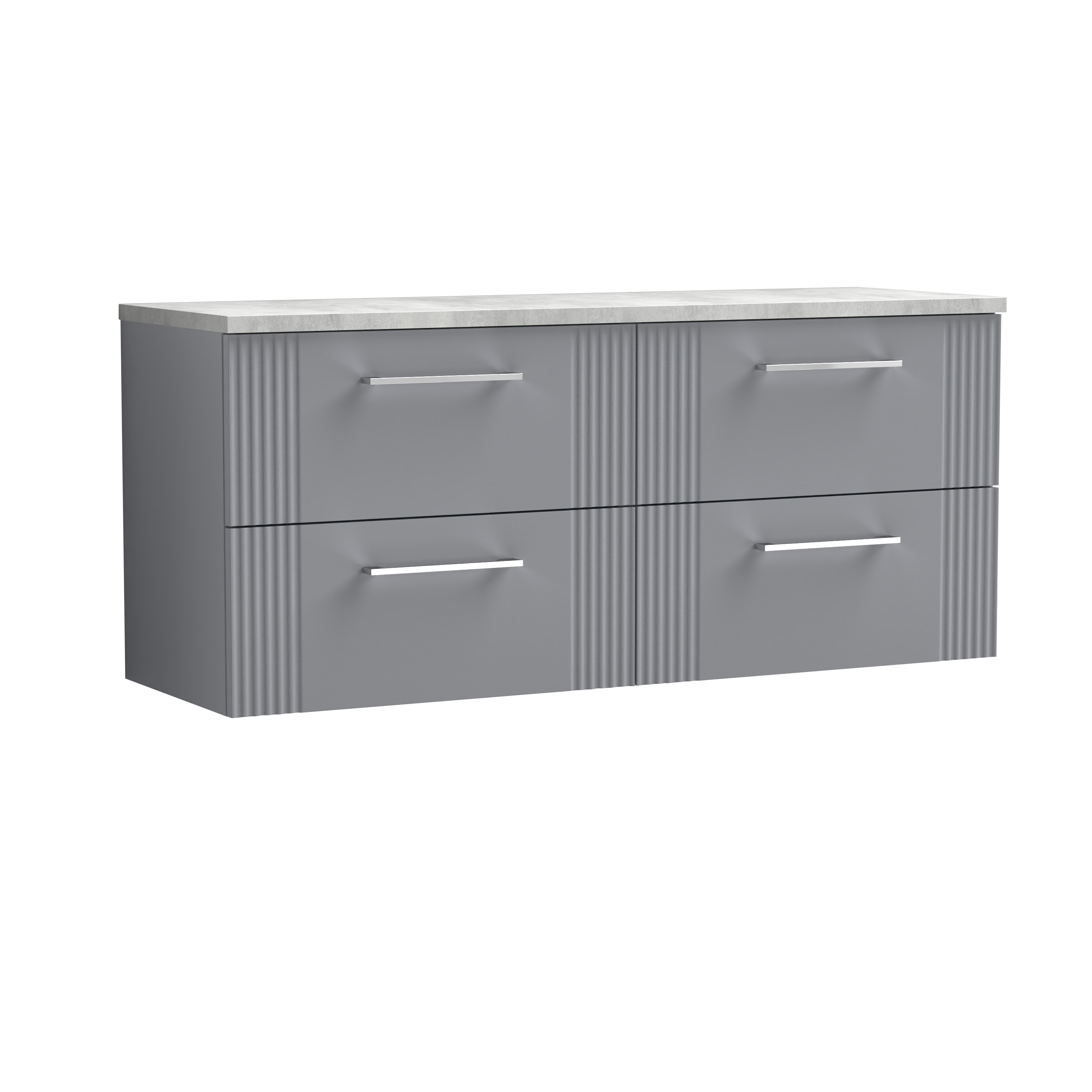 Nuie Deco Satin Grey 1200 Wall Hung 4 Drawer Vanity Unit and Laminate Worktop DPF293LBG2