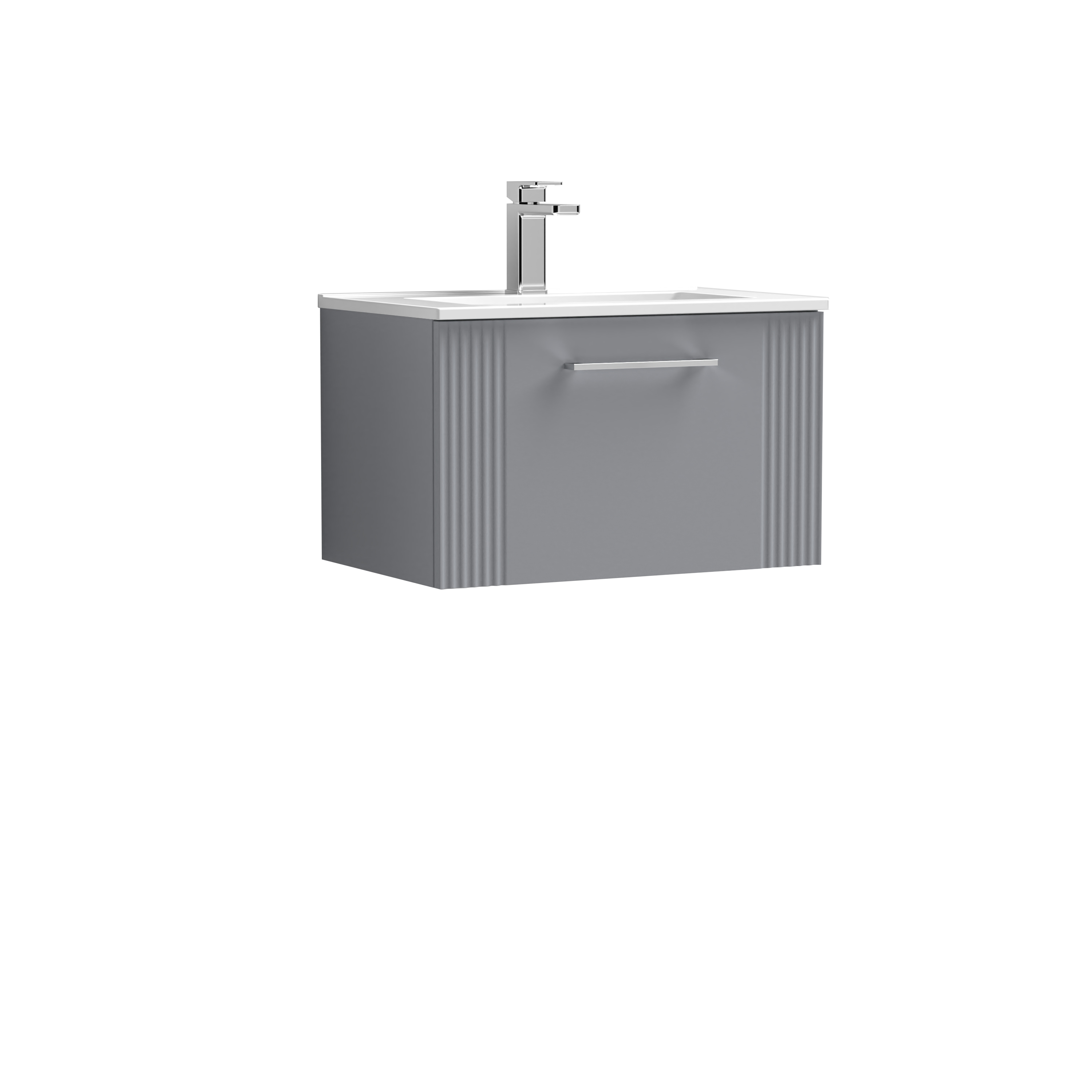 Nuie Deco Satin Grey 600mm Wall Hung Single Drawer Vanity Unit and Minimalist Basin DPF294B