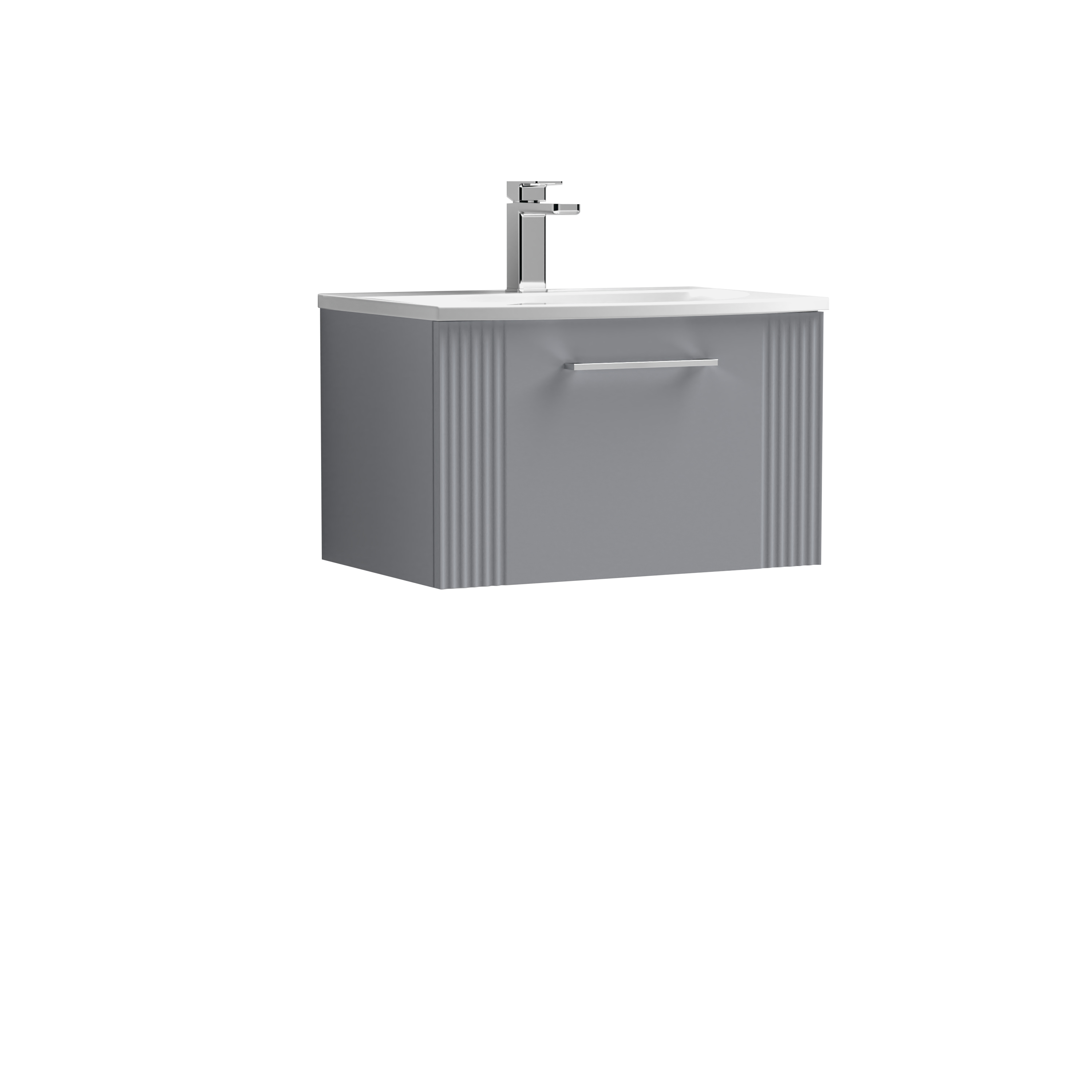 Nuie Deco Satin Grey 600mm Wall Hung Single Drawer Vanity Unit and Curved Basin DPF294G