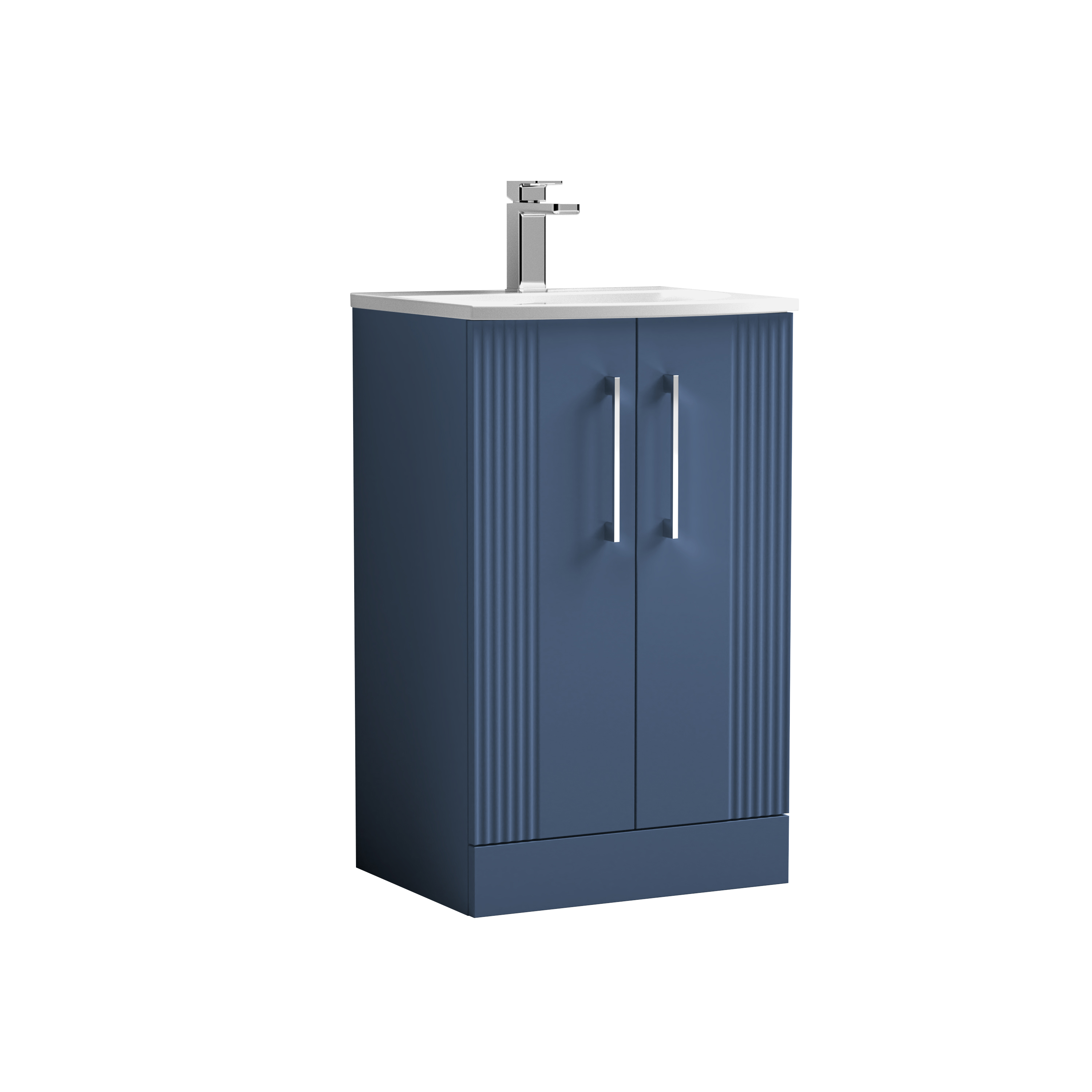 Nuie Deco Satin Blue 500mm Floor Standing 2 Door Vanity Unit and Curved Basin DPF323G