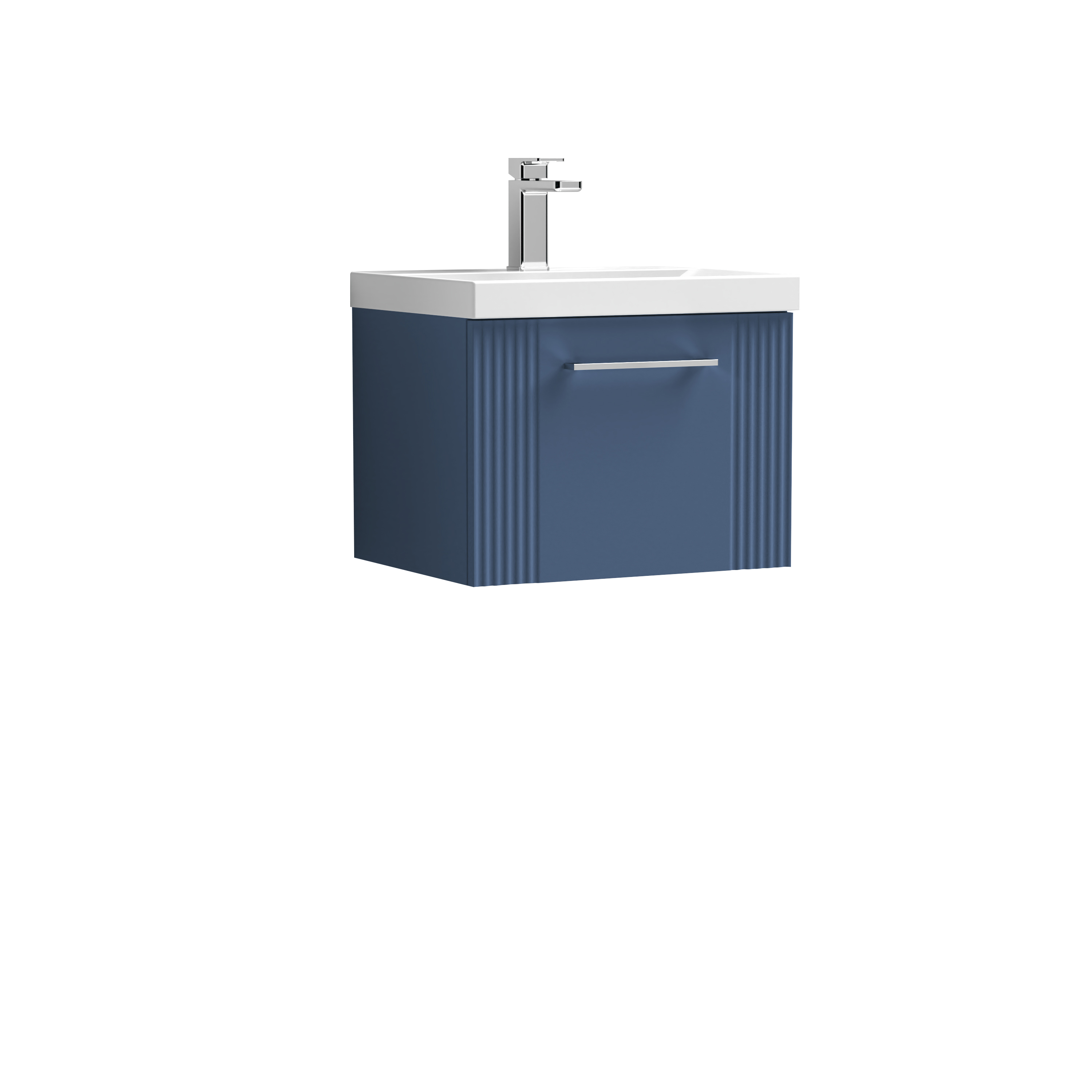 Nuie Deco Satin Blue 500mm Wall Hung Single Drawer Vanity Unit and Mid Edge Basin DPF391A