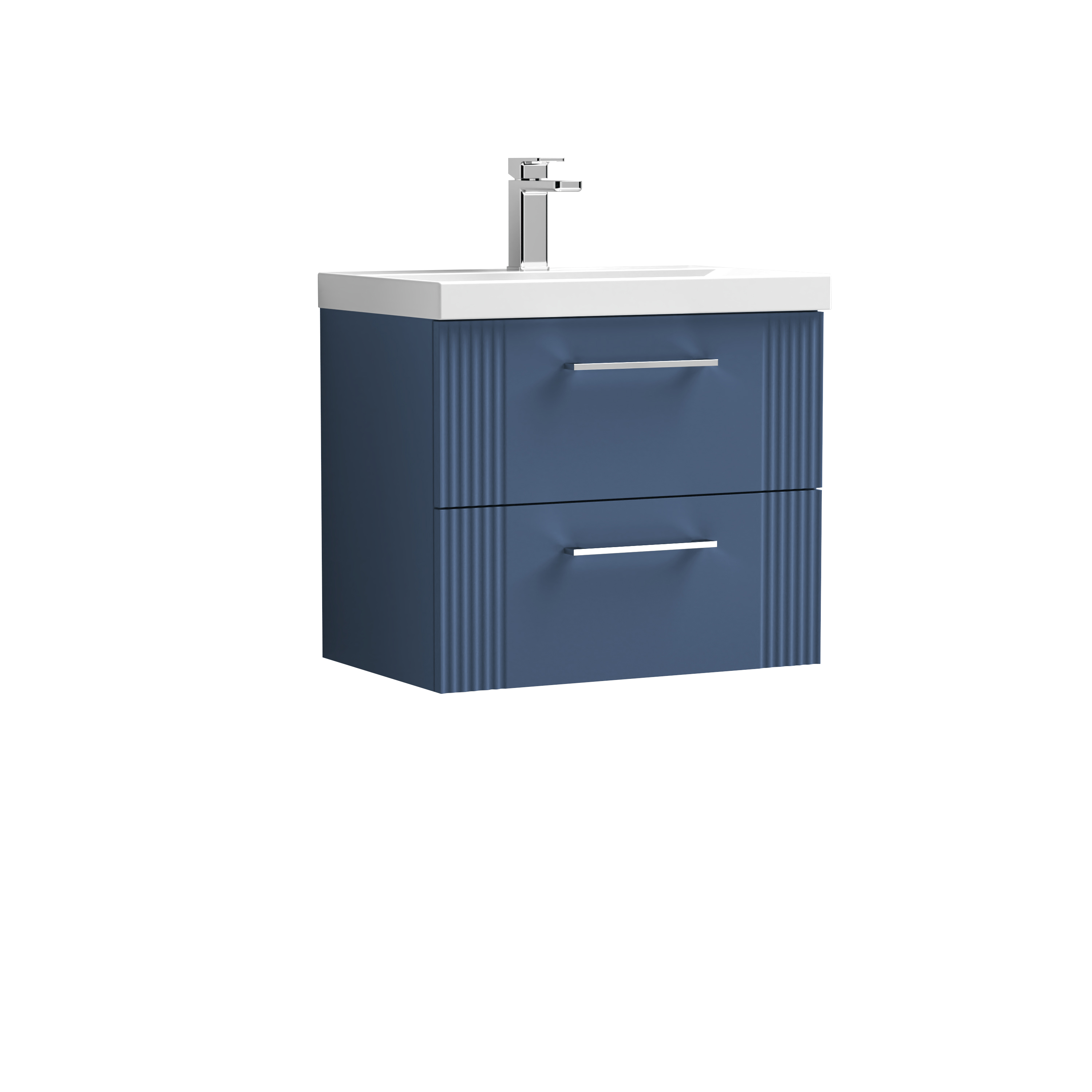 Nuie Deco Satin Blue 600mm Wall Hung 2 Drawer Vanity Unit and Mid Edge Basin DPF393A