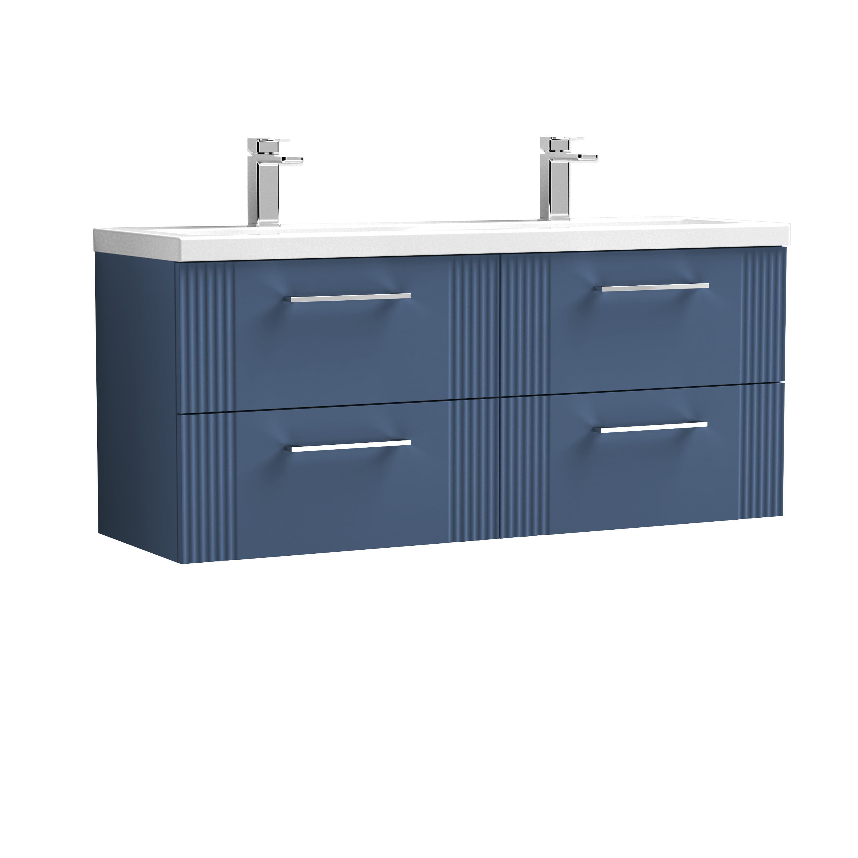 Nuie Deco Satin Blue 1200mm Wall Hung 4 Drawer Vanity Unit and Double Basin DPF393F