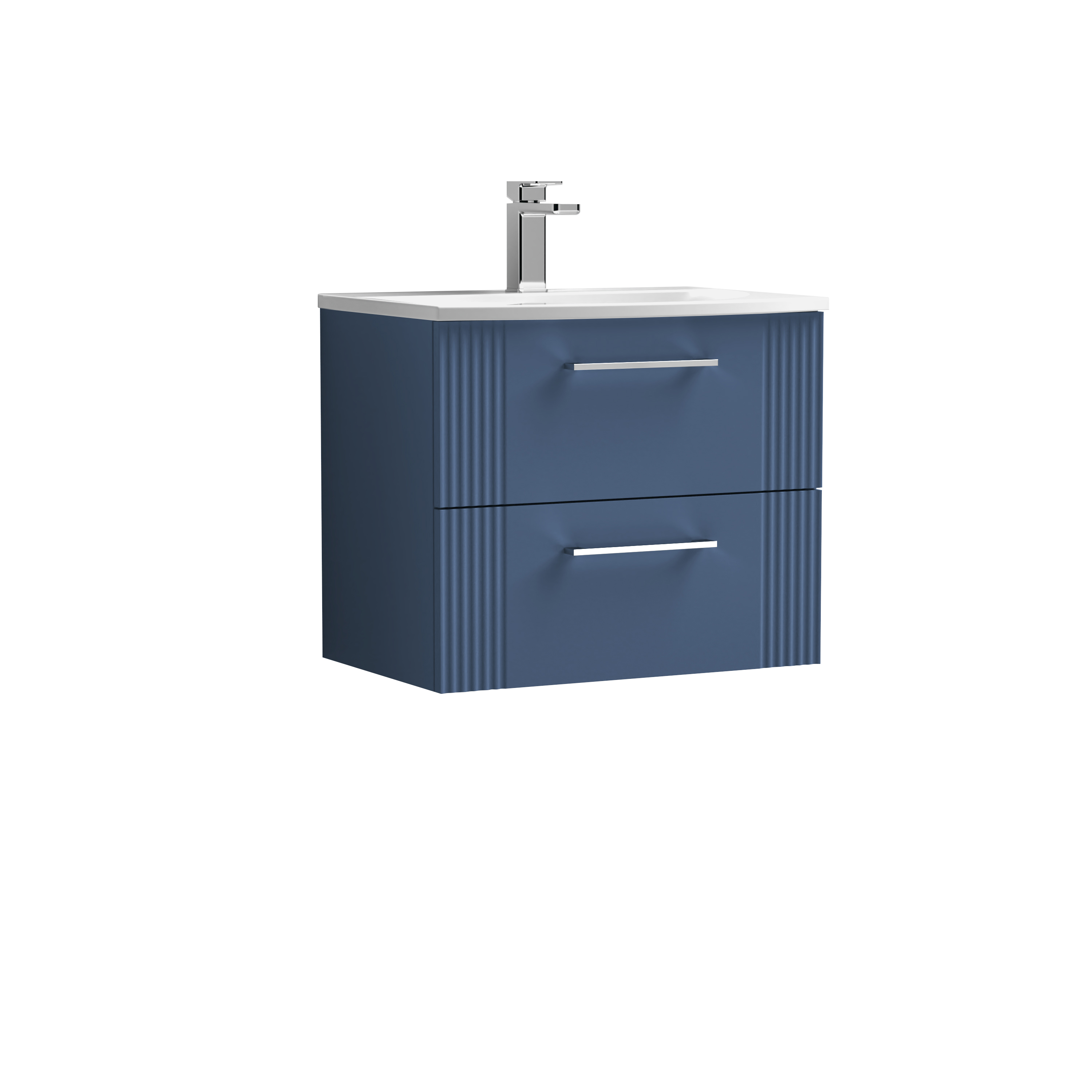 Nuie Deco Satin Blue 600mm Wall Hung 2 Drawer Vanity Unit and Curved Basin DPF393G
